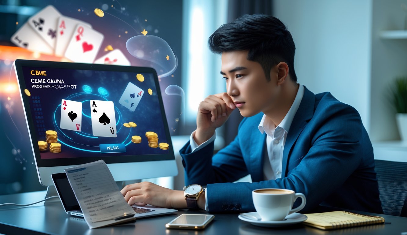 Seorang pria muda fokus bermain game kartu online di depan laptop di ruang kerja modern.