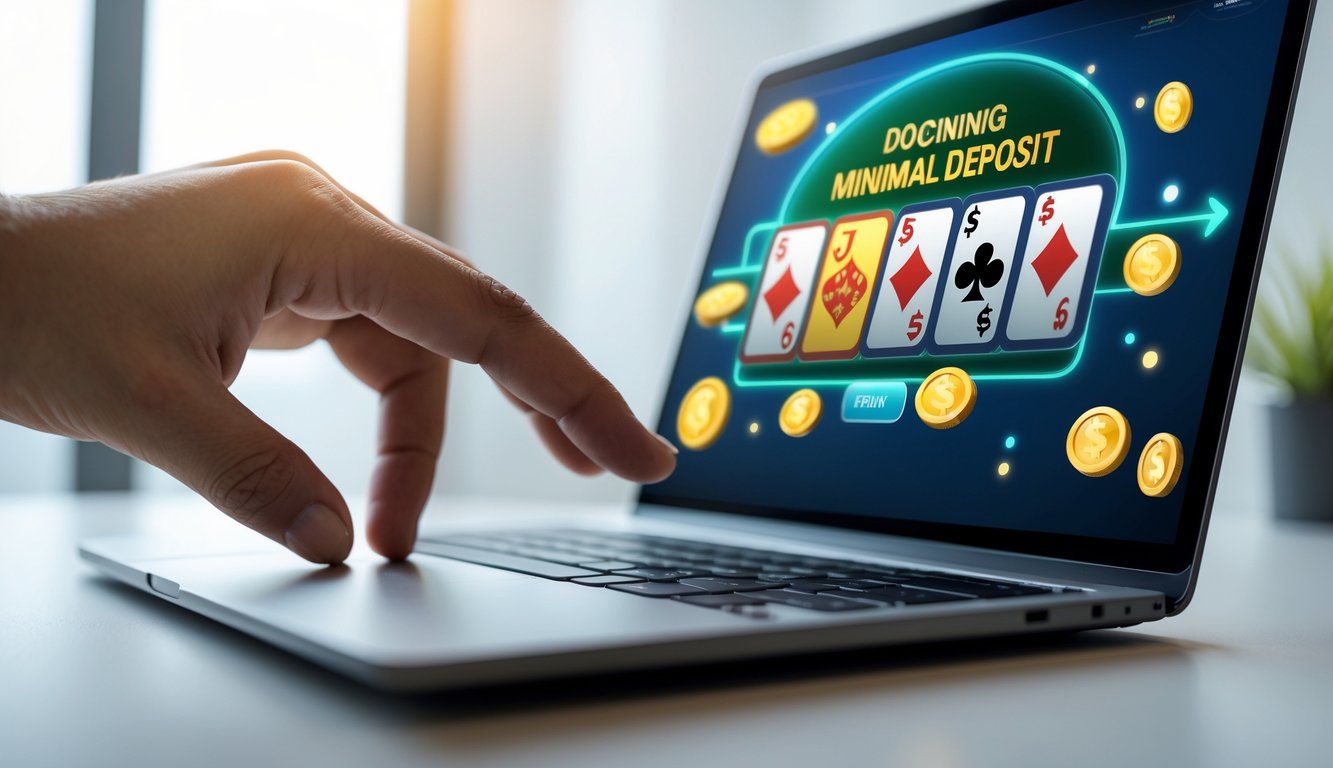 Seseorang menggunakan laptop dengan tampilan permainan kartu online dan simbol koin di layar.