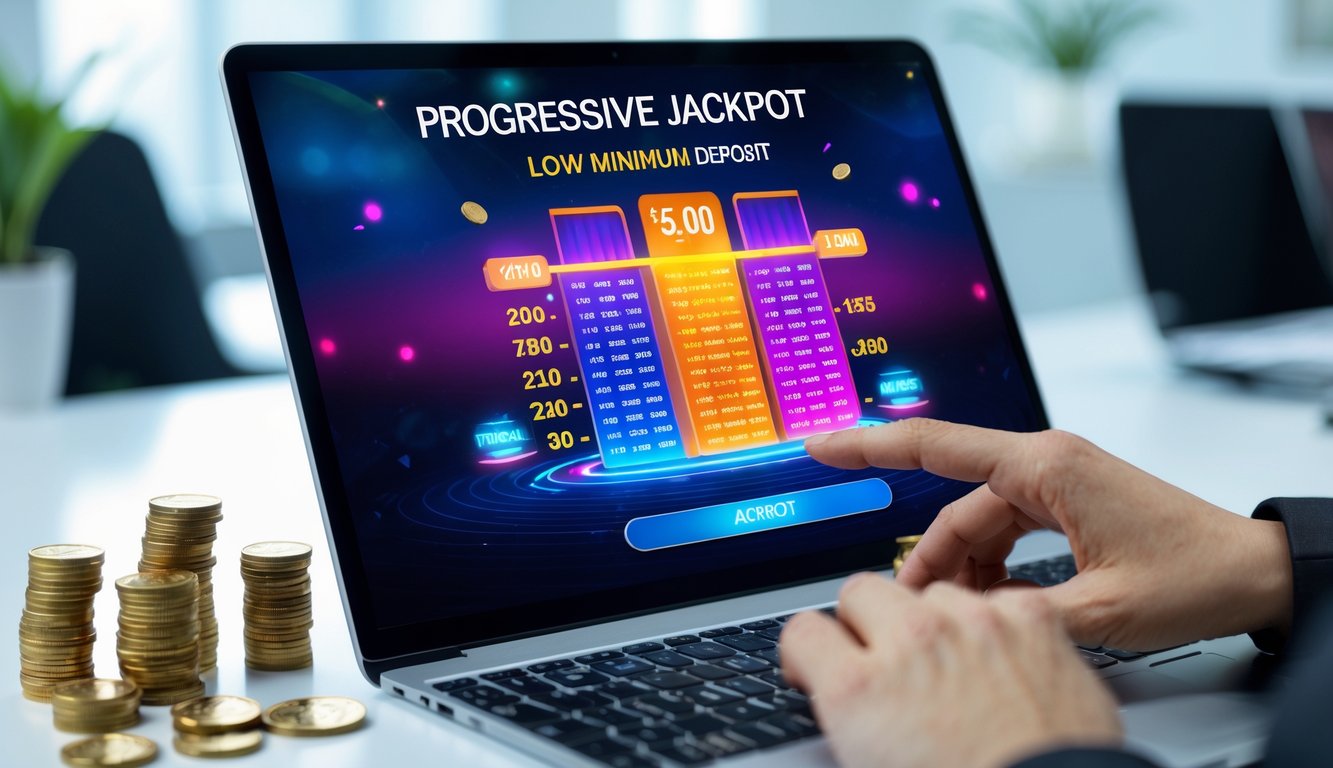 Seseorang menggunakan laptop dengan layar menampilkan meter jackpot progresif dalam permainan Ceme online, di meja dengan uang koin dan suasana ruangan yang terang.