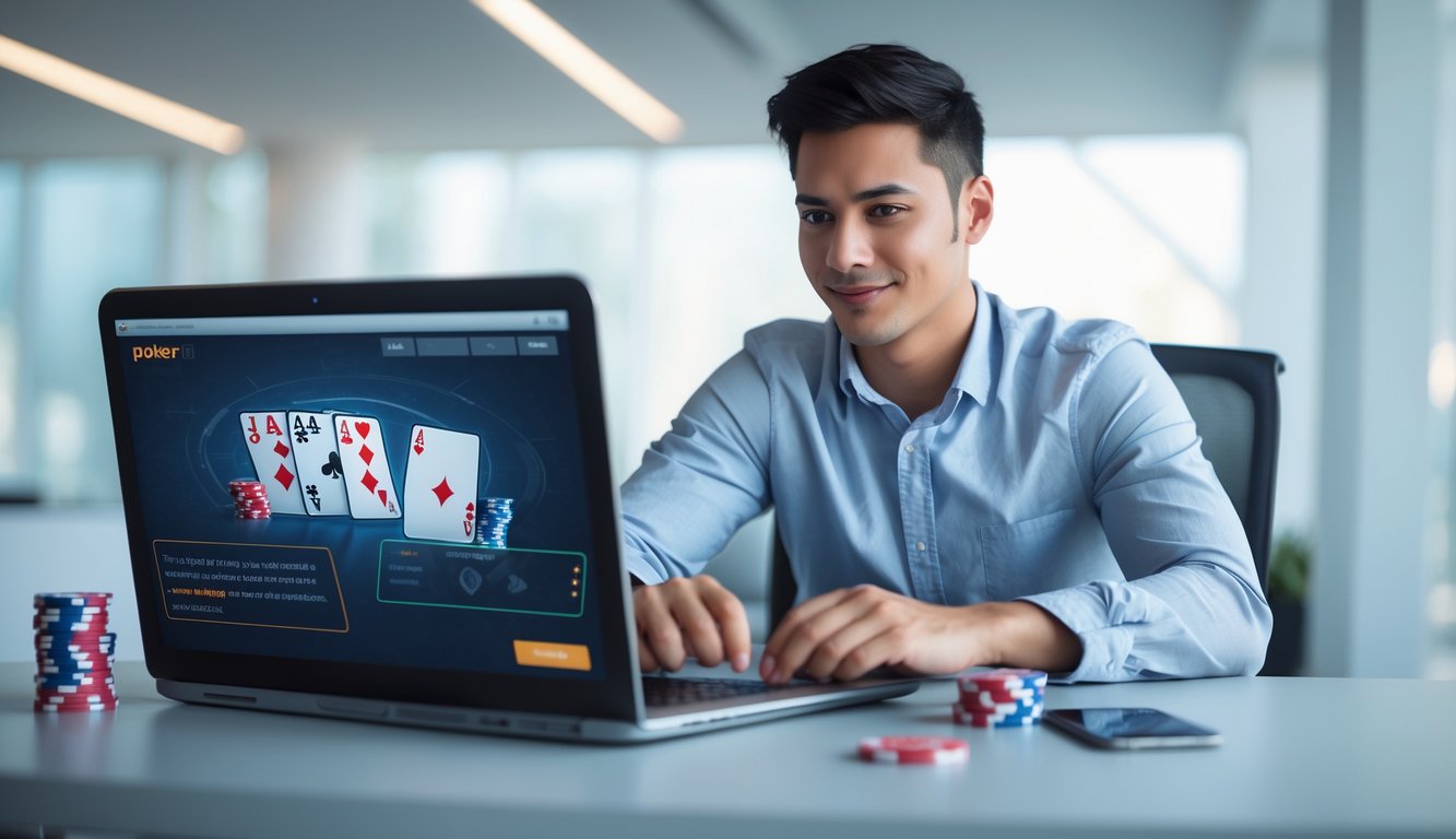 Seorang pria muda duduk di meja dengan laptop dan perlengkapan poker, terlihat fokus dan percaya diri bermain game poker online.