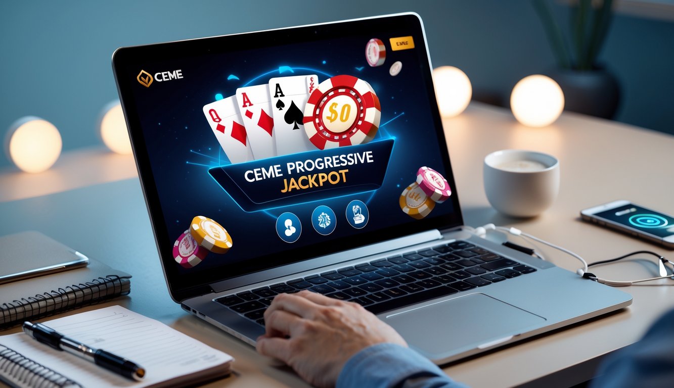 Seorang pemain sedang menggunakan laptop dengan tampilan permainan kartu Ceme Progressive Jackpot online di meja kerja yang rapi.