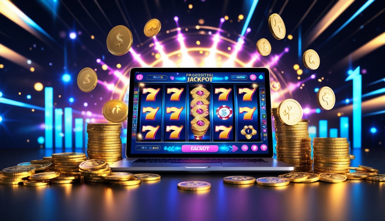 Seorang pengguna komputer dengan layar menampilkan permainan slot online dan tumpukan koin emas serta chip kasino di sekitarnya.