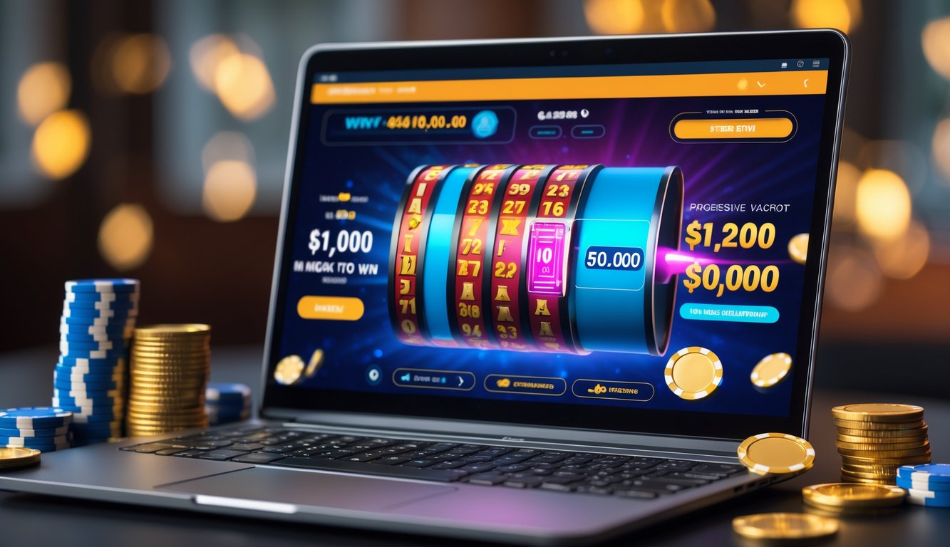 Seorang pengguna bermain permainan jackpot progresif online dengan layar komputer menampilkan antarmuka kasino dan chip poker di meja.