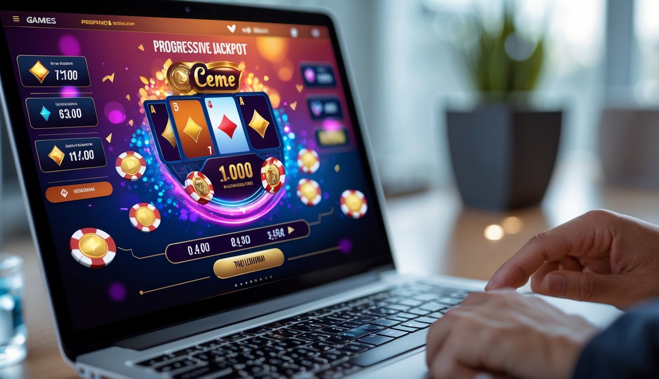 Seorang pemain sedang menggunakan komputer dengan tampilan permainan kartu online dan chip judi di layar, menunjukkan suasana permainan jackpot progresif yang menarik dan adil.