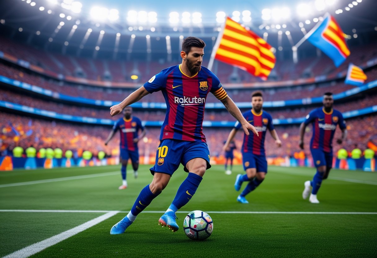 Futbalový zápas FC Barcelona s hráčom driblujúcim loptu na štadióne plnom fanúšikov.