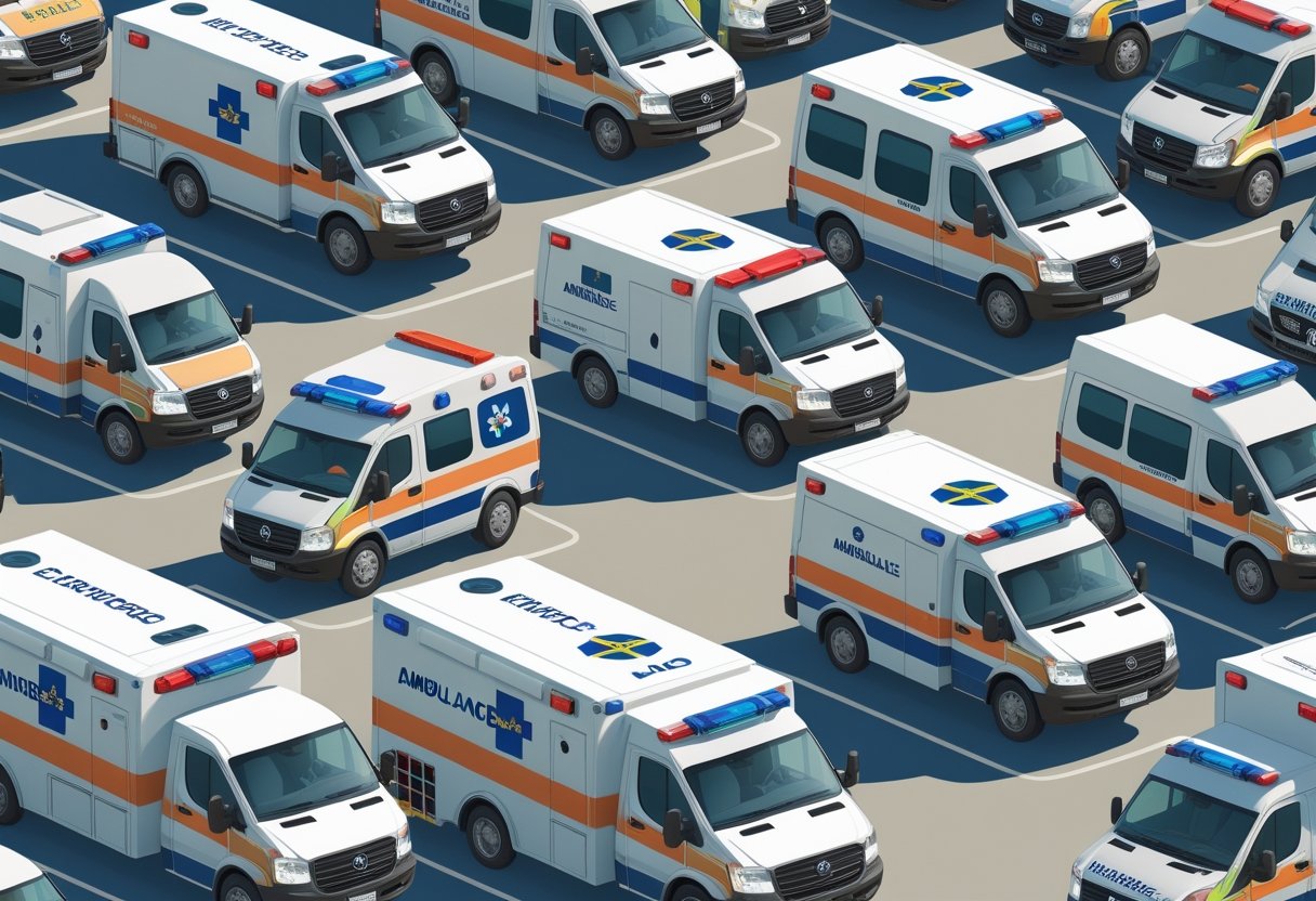 Ilustração mostrando diferentes tipos de ambulâncias usadas no Brasil, com vários veículos de emergência em um fundo neutro.