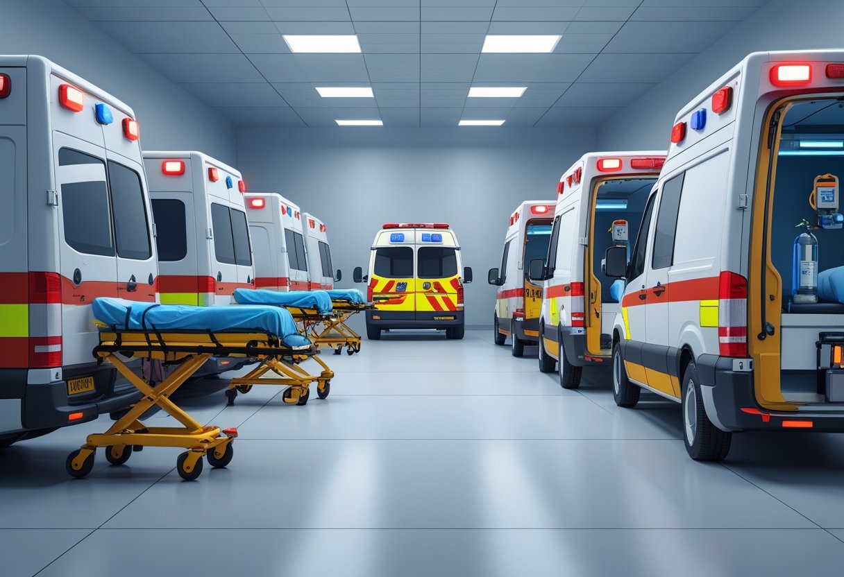 Ilustração mostrando diferentes tipos de ambulâncias de transporte com equipamentos essenciais em um ambiente hospitalar.
