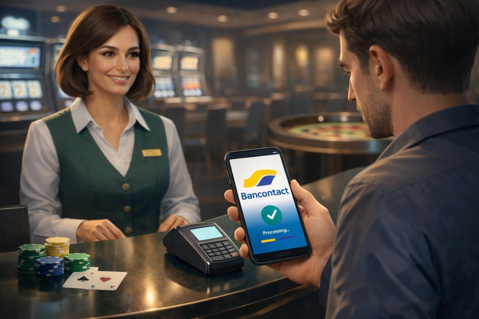 A Casino Cashier Helps A Customer Pay Using A Smartphone With A Secure Payment App, Surrounded By Casino Elements Like Slot Machines And Poker Chips.