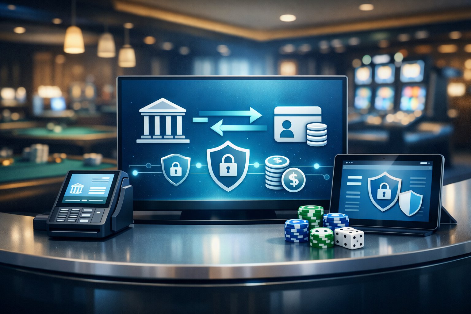 A Casino Cashier Area Showing Digital Payment Symbols And Secure Banking Icons With Blurred Gaming Tables And Slot Machines In The Background.