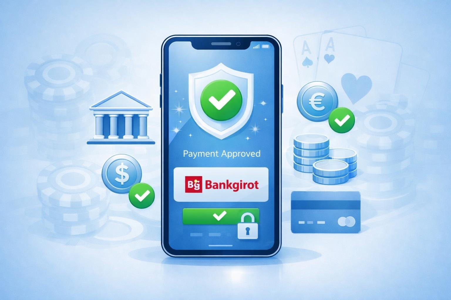 A Smartphone Showing A Secure Payment Confirmation Surrounded By Icons Of Banking And Casino Elements Like Poker Chips And Playing Cards.