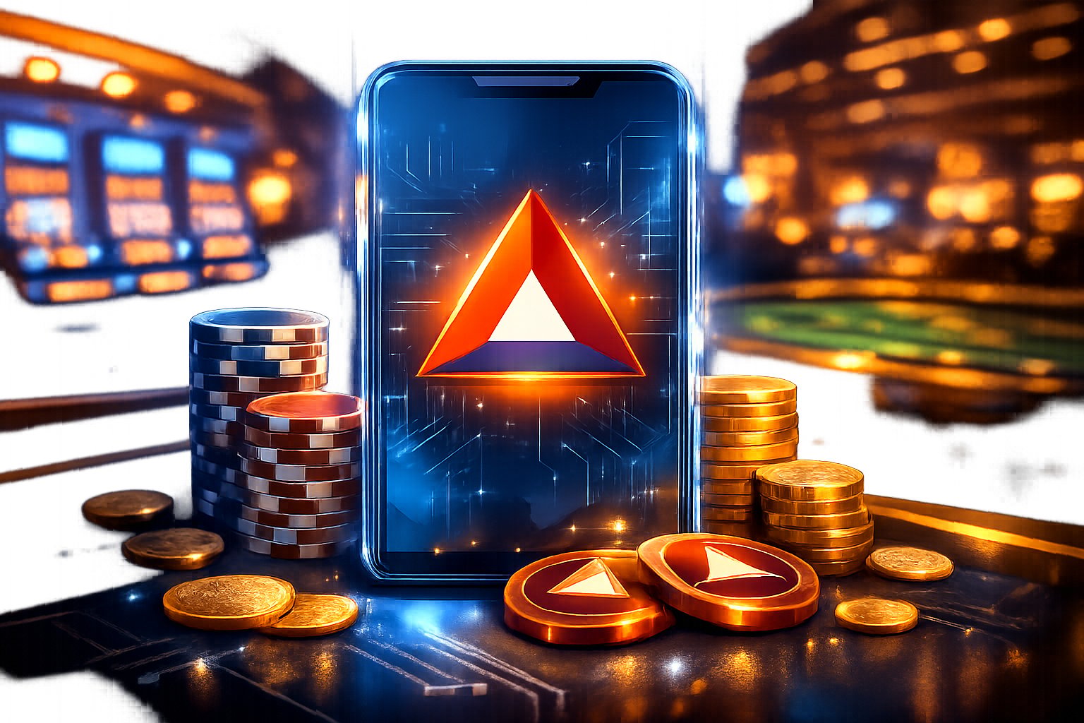 A Digital Wallet Displaying Basic Attention Token Surrounded By Casino Chips And Slot Machines In A Modern Casino Setting.