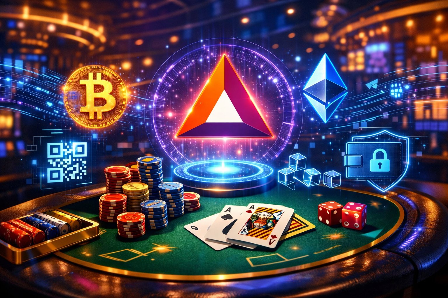 A Modern Casino Table With Chips And Cards, Surrounded By Floating Digital Cryptocurrency Symbols And Secure Payment Icons.