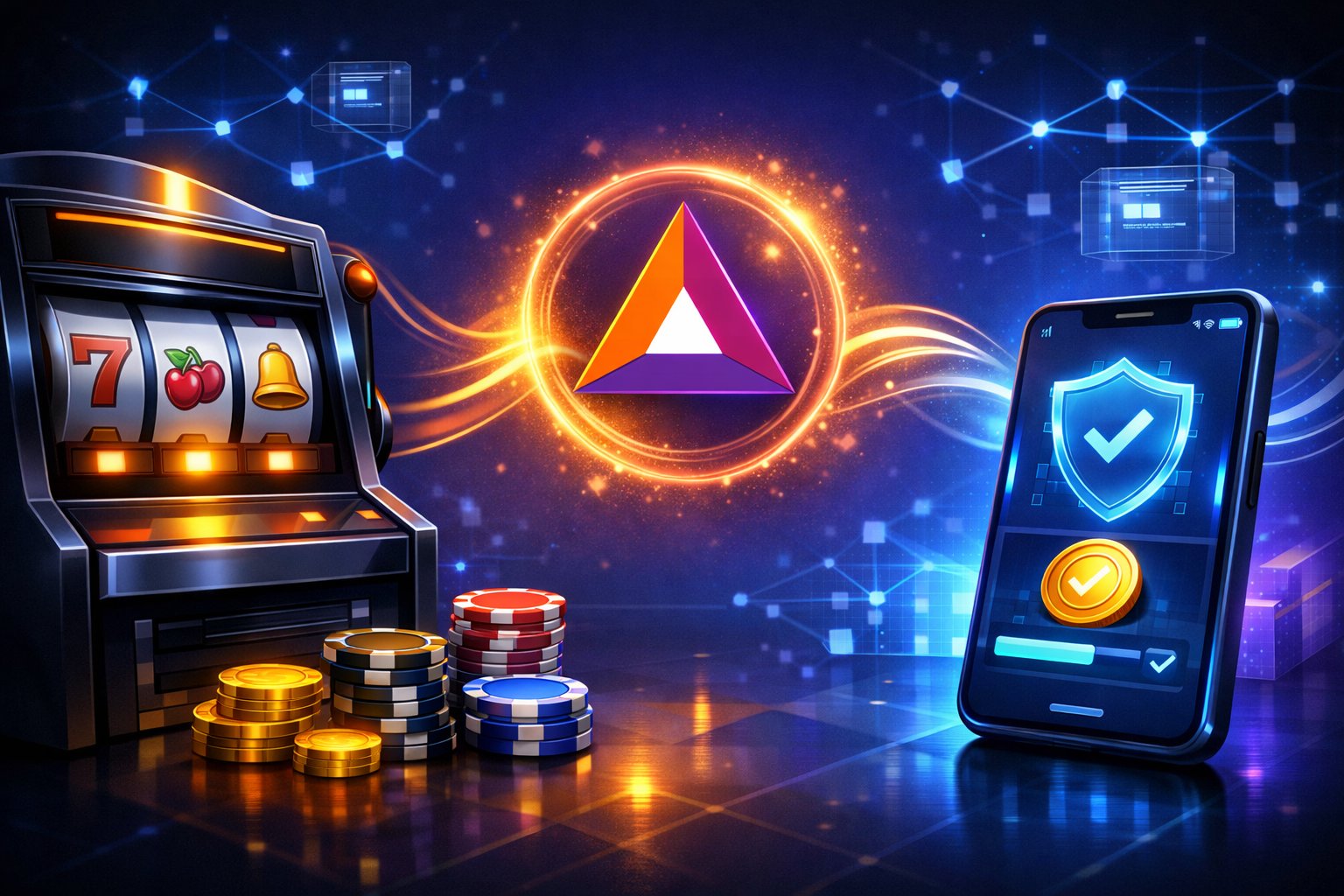 A Digital Casino Scene Showing A Slot Machine, Poker Chips, And A Glowing Basic Attention Token Icon Connected To A Smartphone Displaying A Secure Transaction.