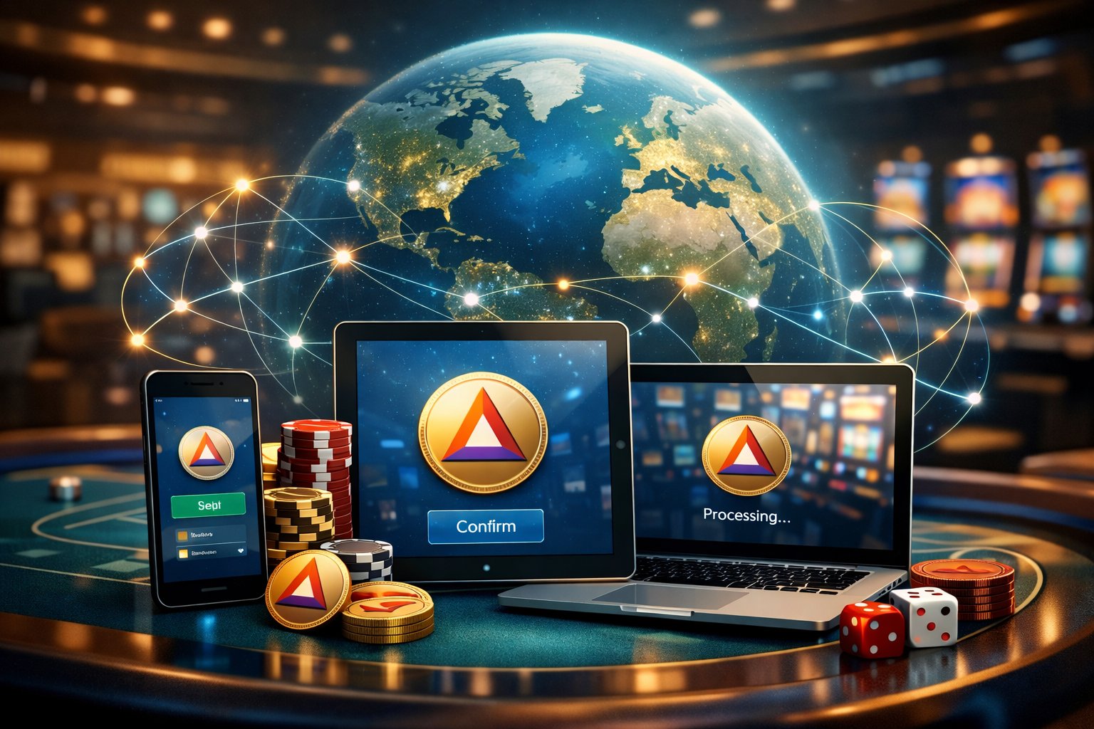 A Modern Casino Setting Showing Various Digital Devices Connected Through A Global Network, Illustrating Worldwide Compatibility Of A Cryptocurrency Payment Method.