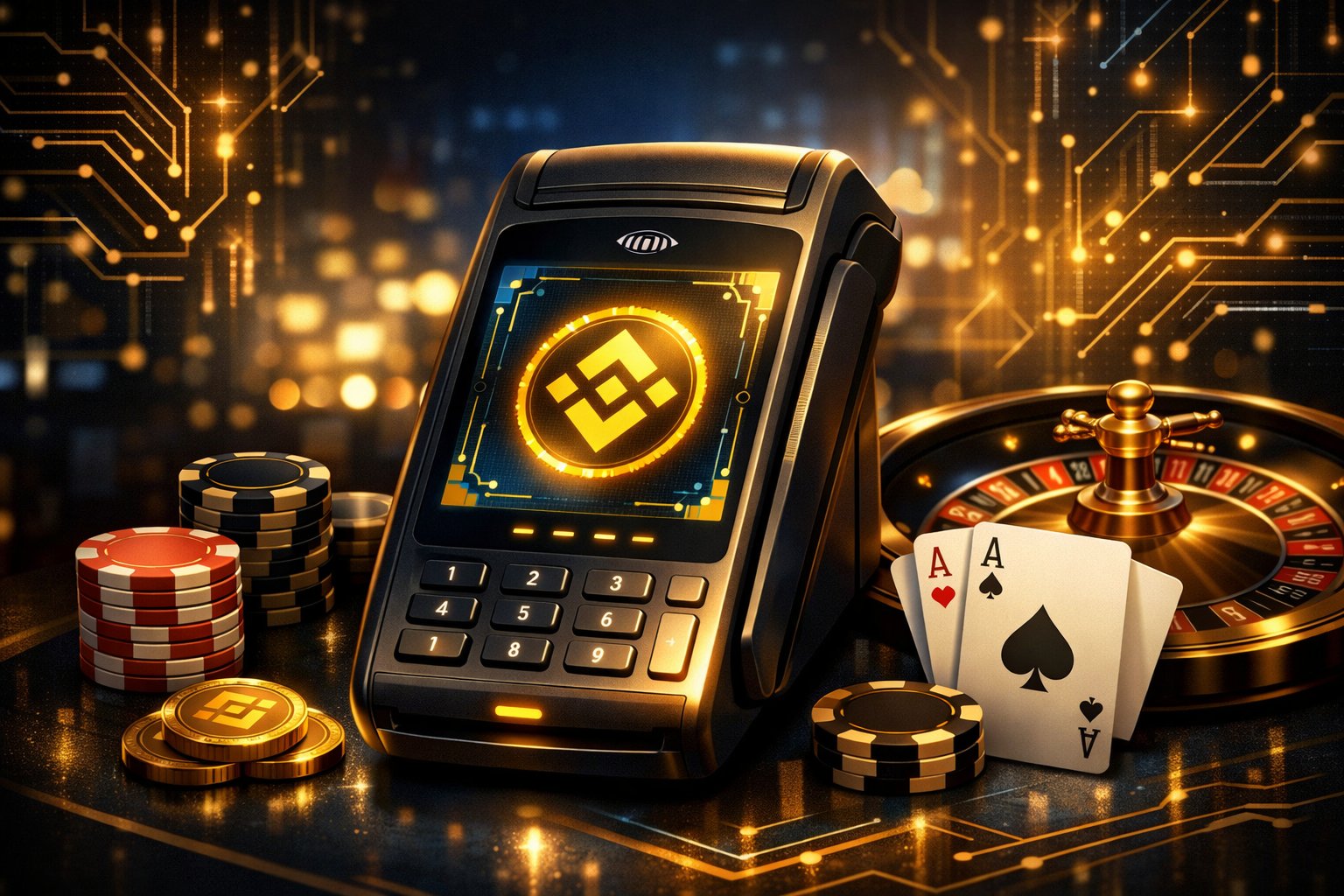 A Digital Casino Payment Terminal Featuring The Binance Coin Logo Surrounded By Poker Chips, Playing Cards, And A Roulette Wheel In A Modern Casino Setting.