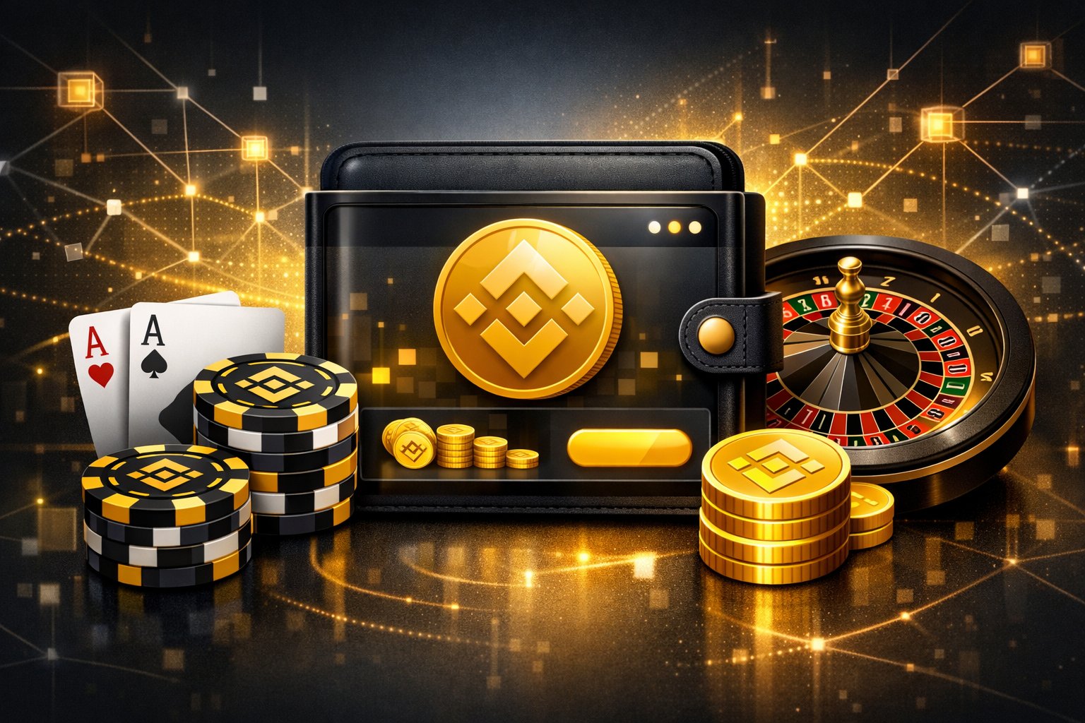 A Digital Wallet Showing Binance Coin Symbols Surrounded By Casino Elements Like Poker Chips, Playing Cards, And A Roulette Wheel, With A TechInspired Background.