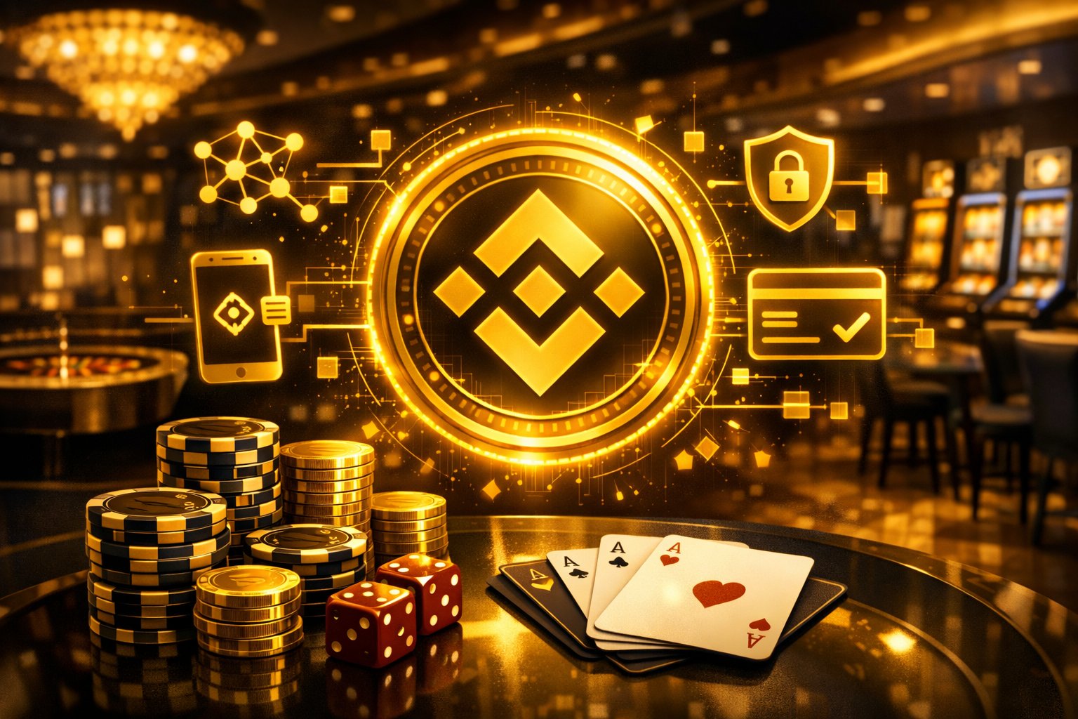 A Casino Interior With Gaming Tables And Slot Machines, Featuring A Glowing Binance Coin Symbol Surrounded By Digital Payment Icons And Casino Chips.
