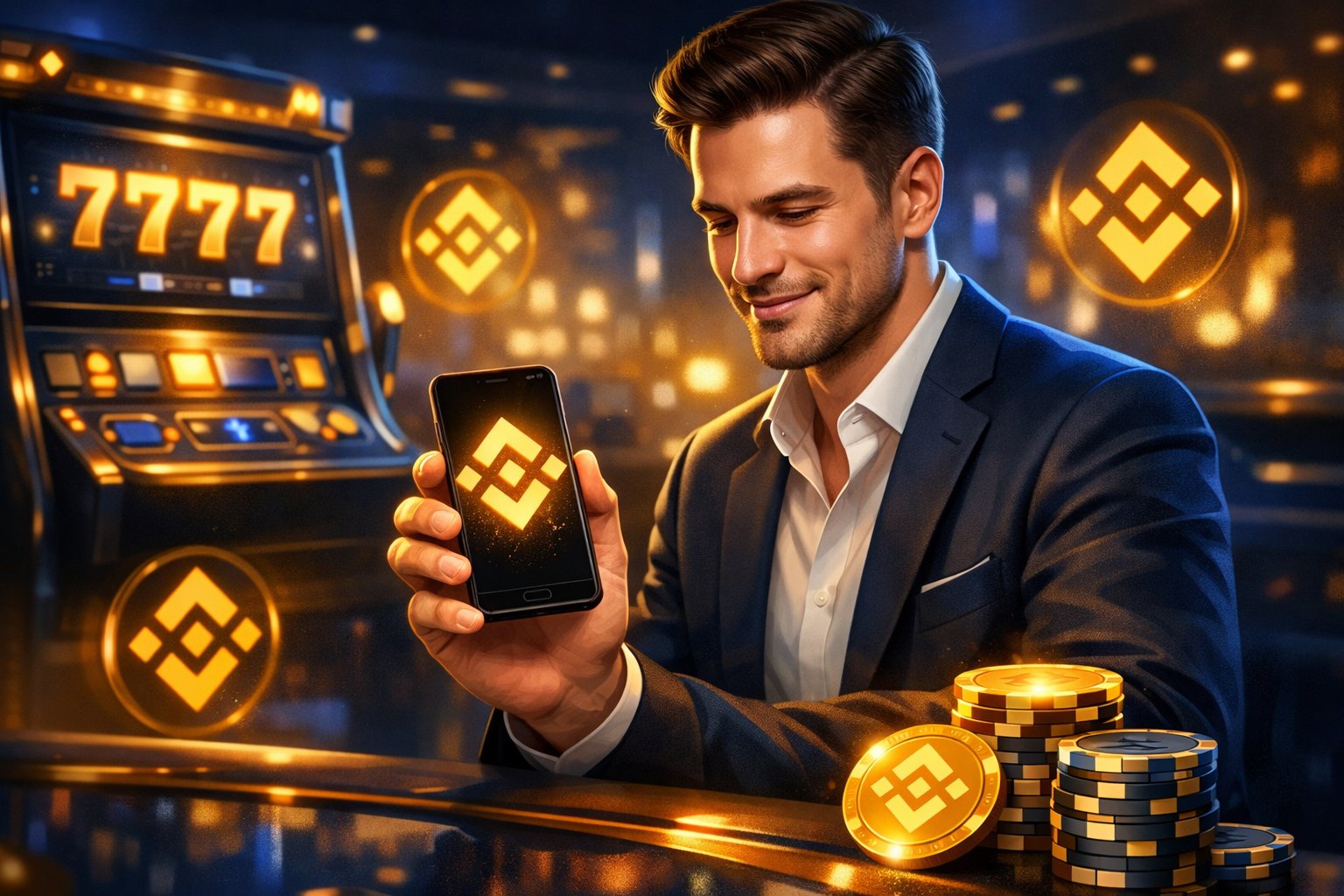 A Player Using A Smartphone With Binance Coin Logo To Make A Payment At A Digital Casino With Slot Machines And Poker Chips Nearby.