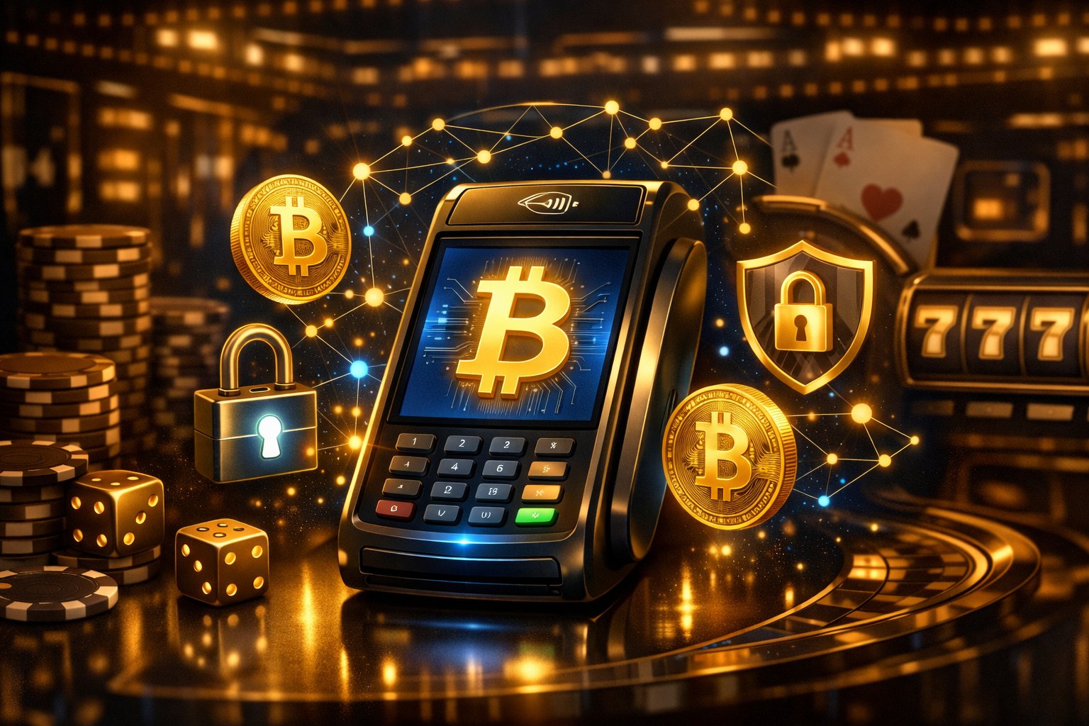 A Digital Payment Terminal With A Glowing Bitcoin Symbol Surrounded By Casino Elements Like Poker Chips And Playing Cards.