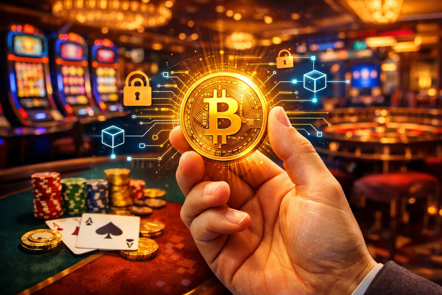 A Hand Holding A Glowing Bitcoin Coin In Front Of A Casino Interior With Slot Machines And Gaming Tables.