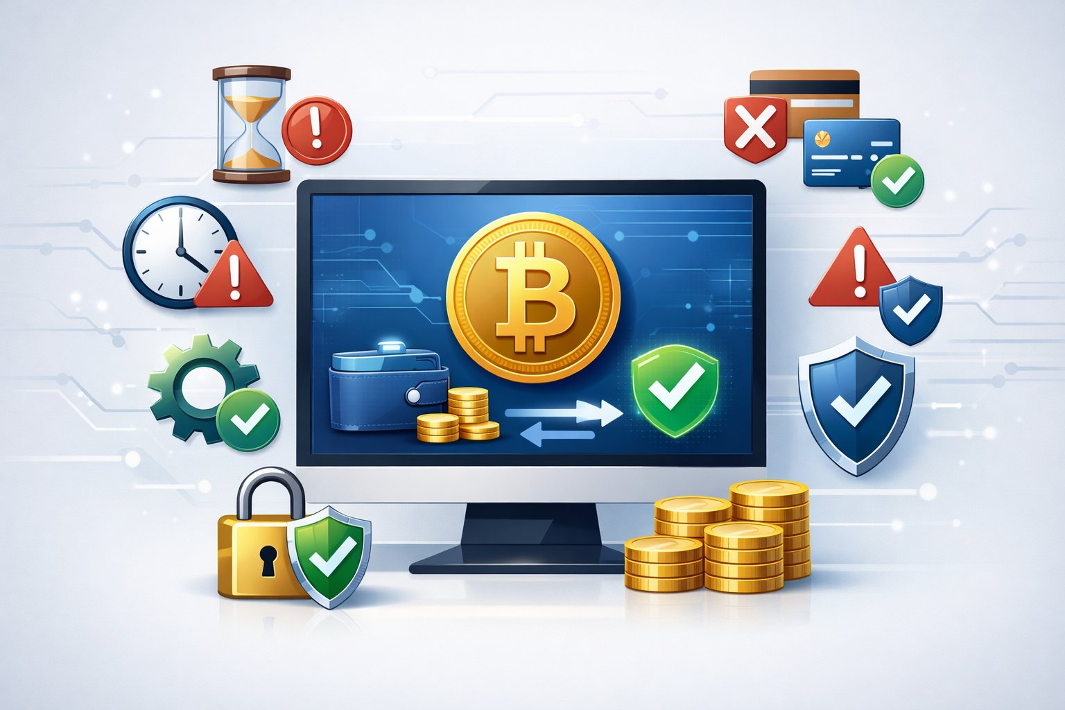 A Digital Interface Showing Bitcoin Payment Elements With Icons Representing Common Issues And Their Solutions.
