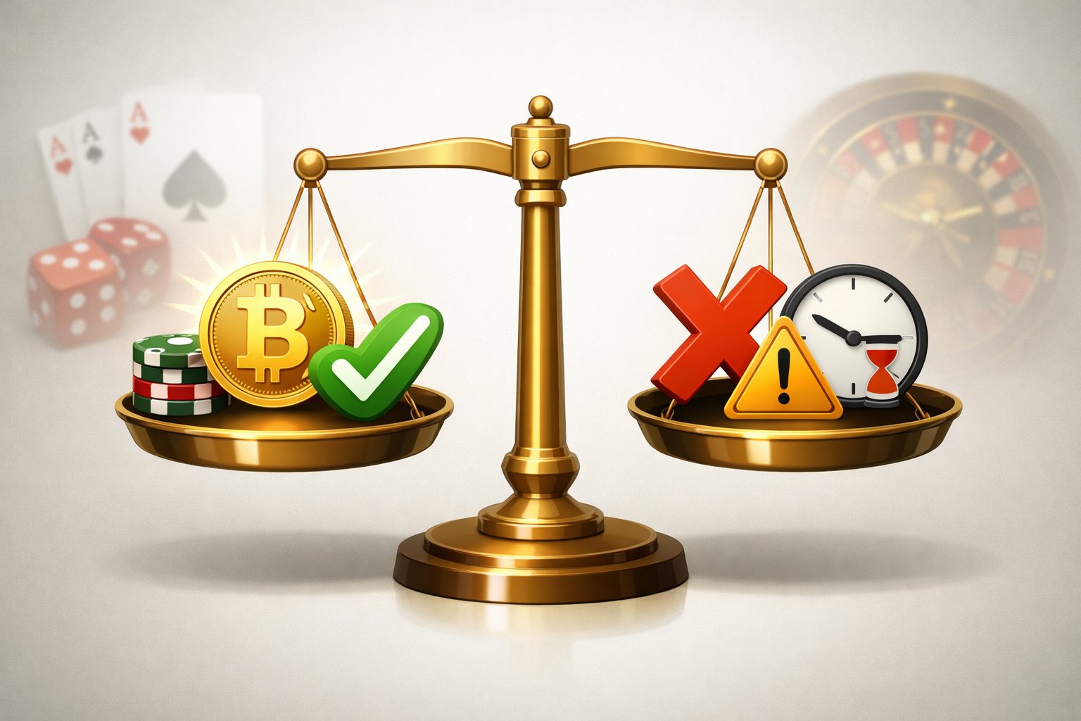 A Balanced Scale Showing Positive And Negative Symbols Related To Using Bitcoin For Casino Payments, With Casino Elements Like Cards And Dice In The Background.