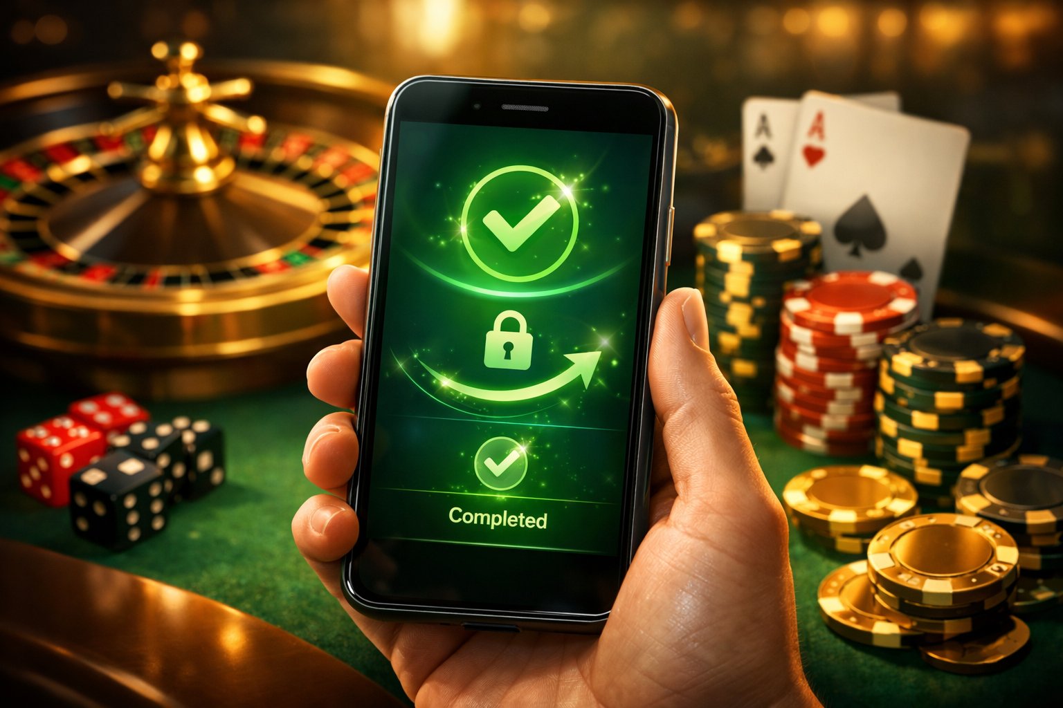 A Person Holding A Smartphone Showing A Secure Payment Interface With Casino Chips, Playing Cards, And A Roulette Wheel In The Background.