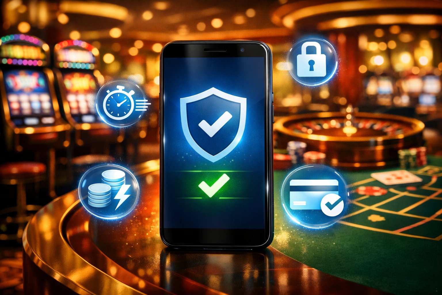 A Casino Scene Showing A Smartphone Displaying A Secure Payment Confirmation, With Slot Machines And Gaming Tables In The Background And Icons Representing Fast And Secure Transactions Floating Around The Phone.