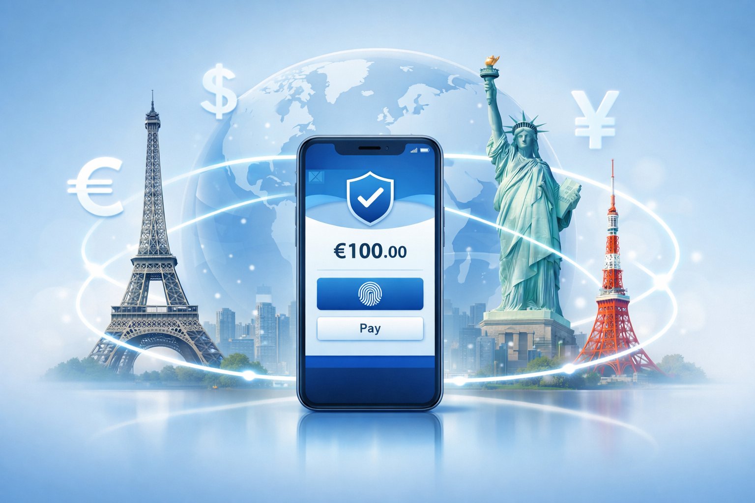 A Digital Wallet Surrounded By Global Landmarks And Currency Symbols Connected By Glowing Lines Representing Worldwide Payment Compatibility.