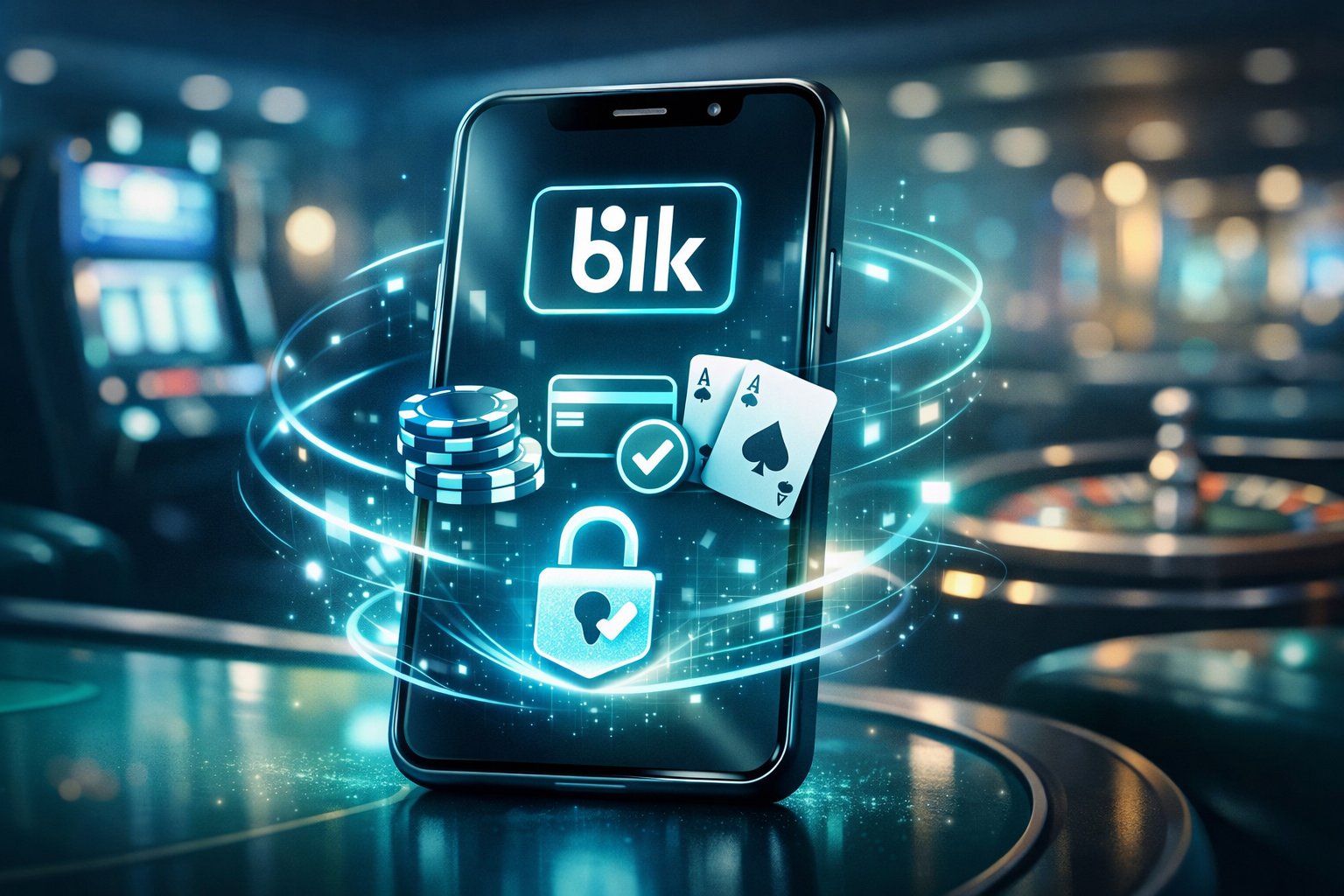 A Smartphone Displaying A Secure Digital Payment Interface With Casino Elements Like Poker Chips And Playing Cards In The Background.
