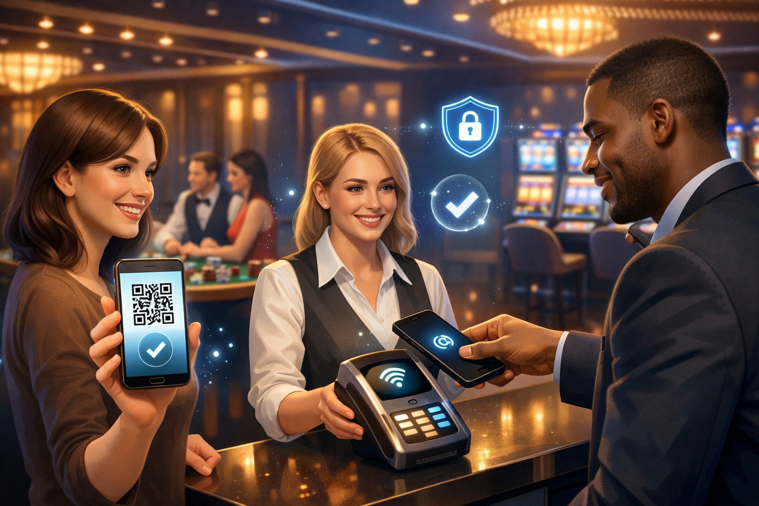 People In A Casino Making Payments Using Smartphones At A Payment Terminal, With Gaming Tables And Slot Machines In The Background.