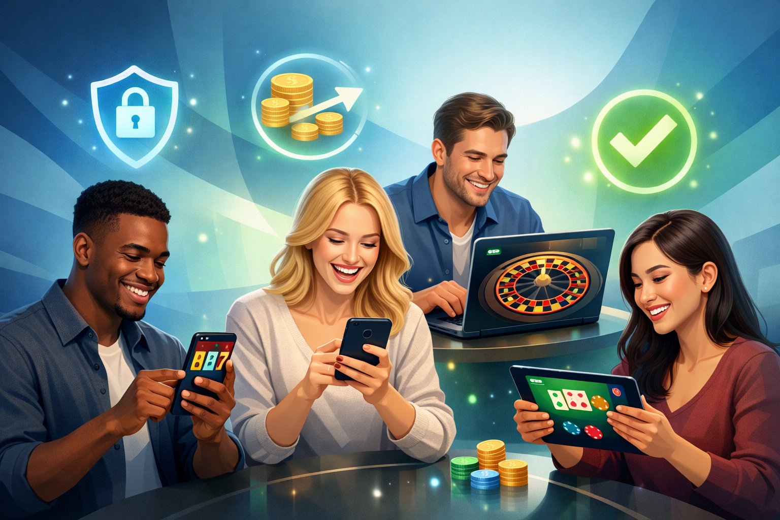 A Group Of Happy Casino Players Using Smartphones And Laptops With Glowing Icons Symbolizing Secure And Fast Payments.