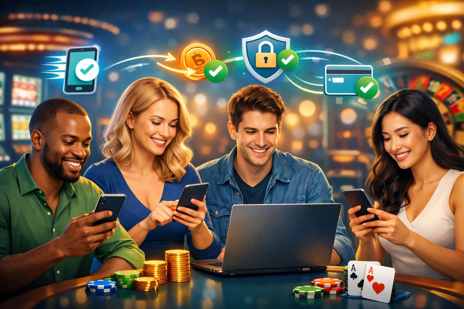 A Group Of Diverse Casino Players Happily Using Digital Devices To Make Secure And Fast Payments In A Modern Casino Setting With Gaming Elements In The Background.