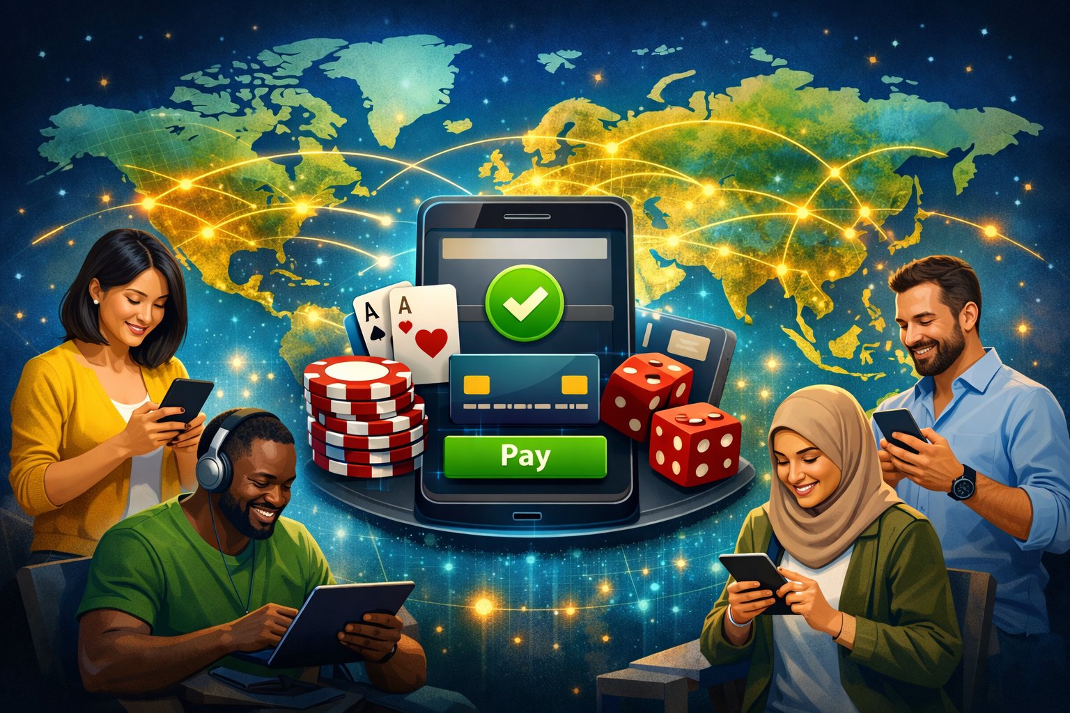 A Digital Payment Interface Surrounded By A World Map With Connection Lines And Diverse People Using Smartphones And Tablets, Symbolizing Global Accessibility Of A Casino Payment Method.