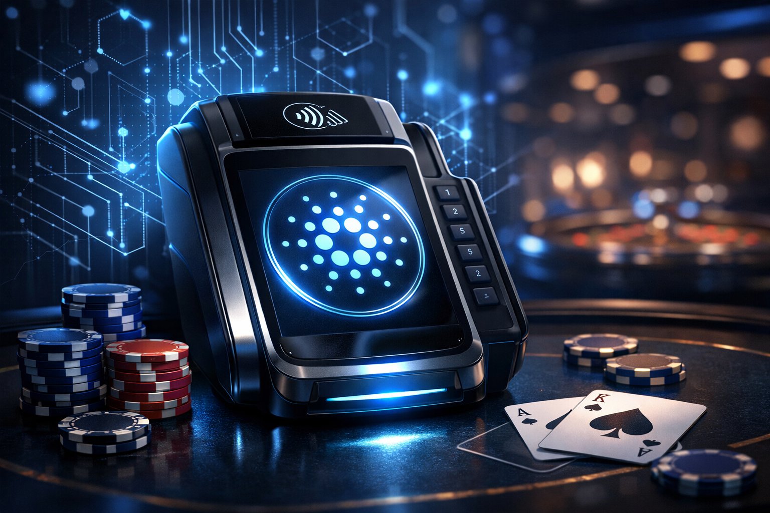 A Futuristic Casino Table With Poker Chips And Cards, Featuring A Glowing Cardano Cryptocurrency Symbol Integrated Into A Digital Payment Device Surrounded By Abstract Digital Circuitry.