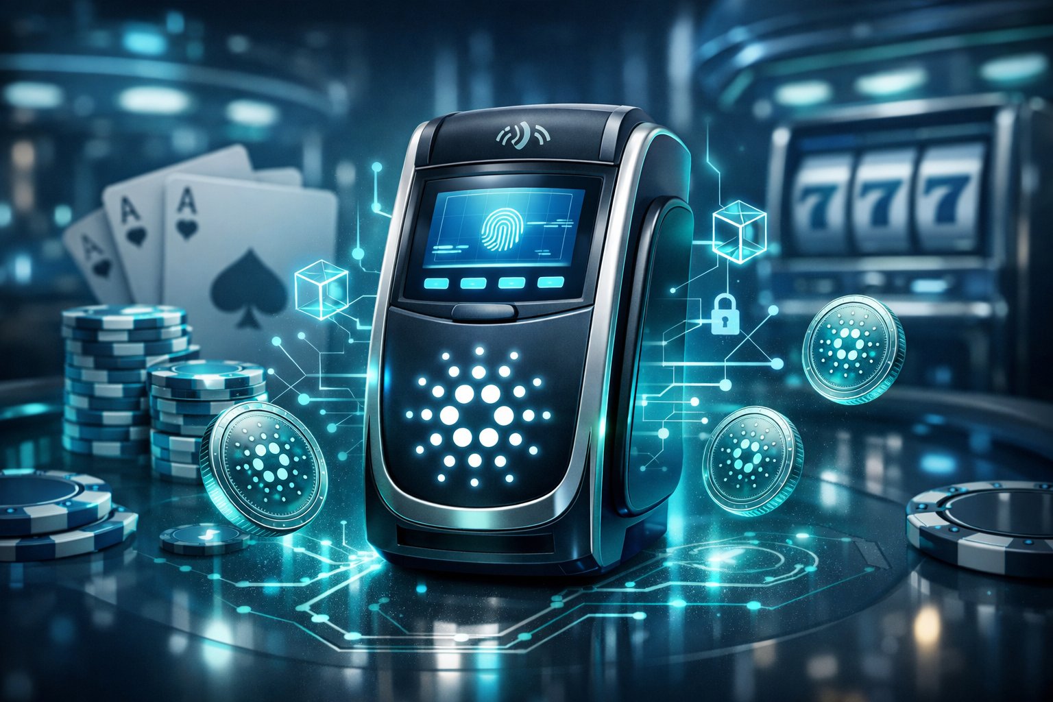 A Modern Digital Casino Scene Showing A Payment Terminal With Cardano Cryptocurrency Symbols And Elements Representing Secure Digital Transactions Surrounded By Casino Game Icons.