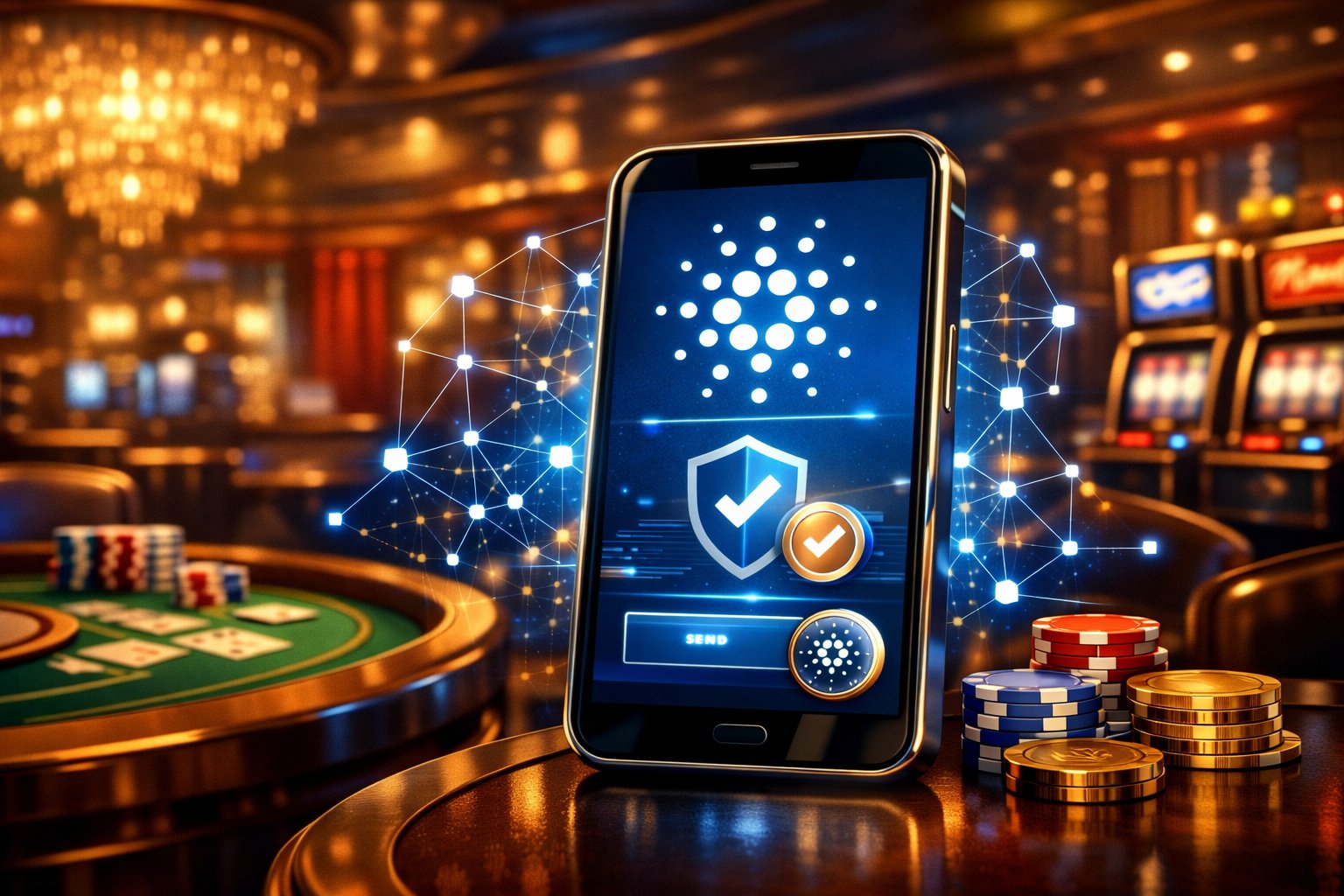 A Casino Scene Showing Gaming Tables And Slot Machines With A Digital Wallet Displaying The Cardano Logo And A Secure Transaction, Highlighting Safe And Modern Payment Methods.