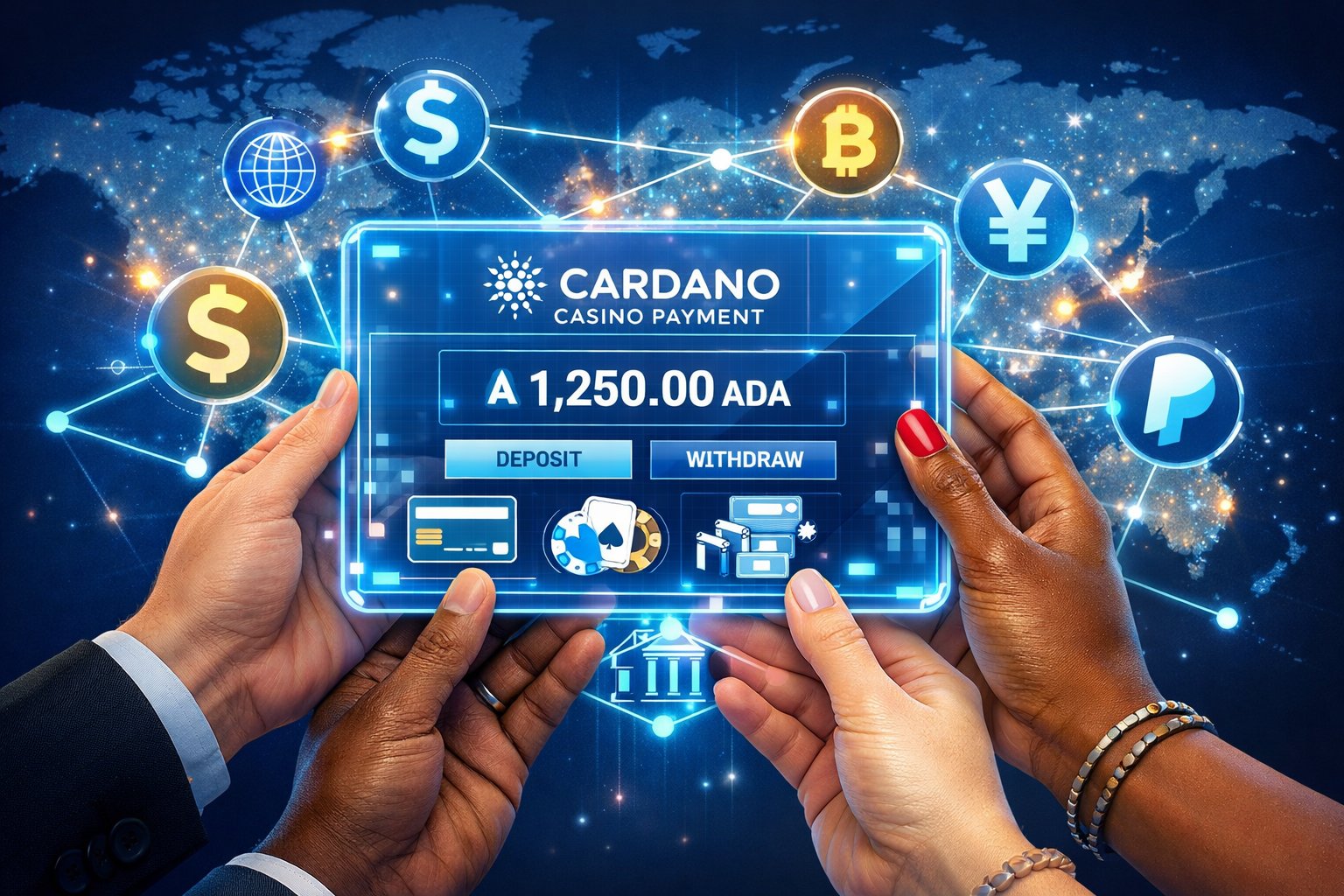 Hands Of Diverse People Holding A Holographic Digital Payment Interface With Currency Icons Connected Over A Glowing World Map.