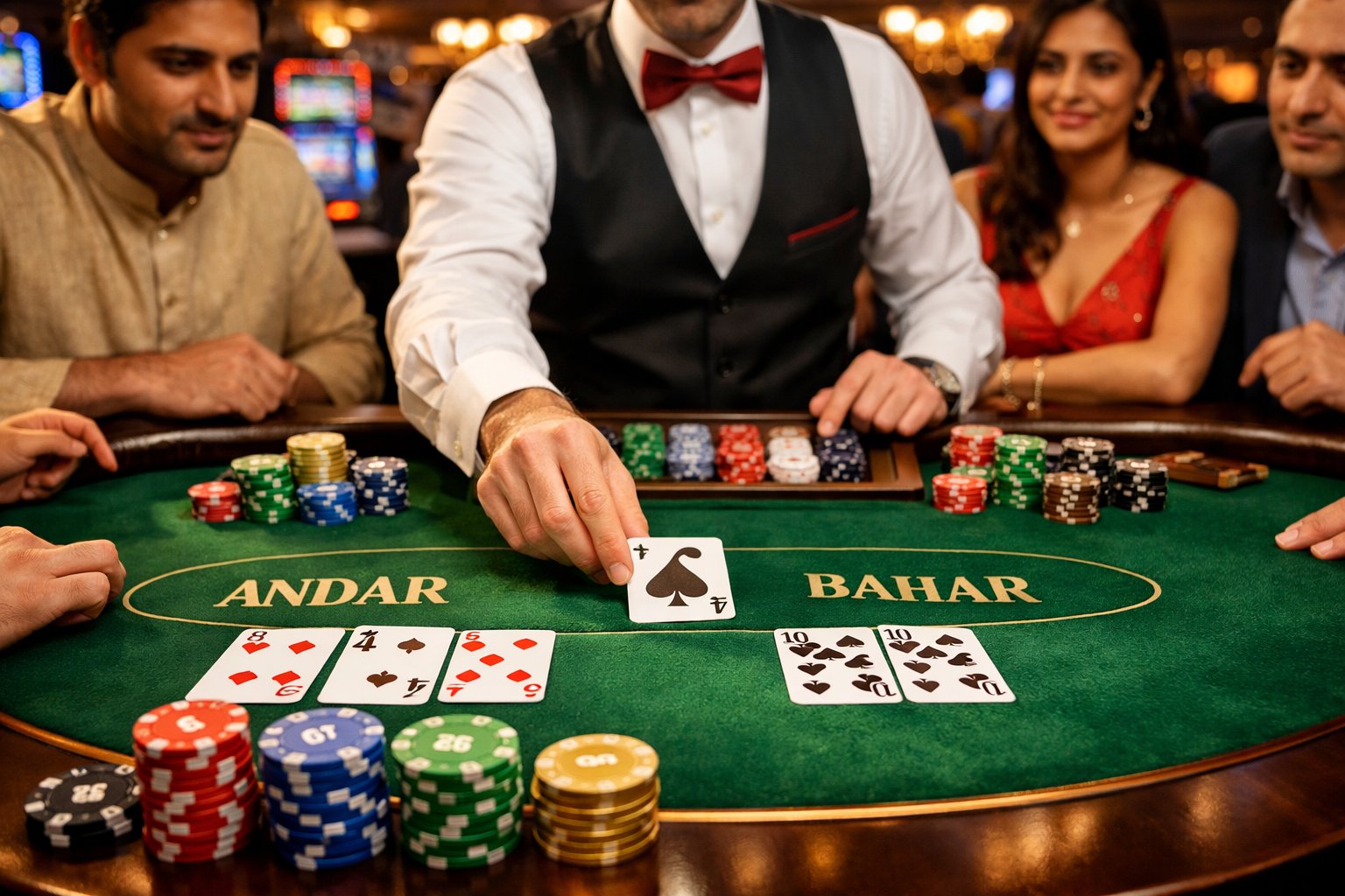A Casino Table With Playing Cards And Chips Arranged For The Andar Bahar Card Game, With A Dealer's Hands Handling The Cards.