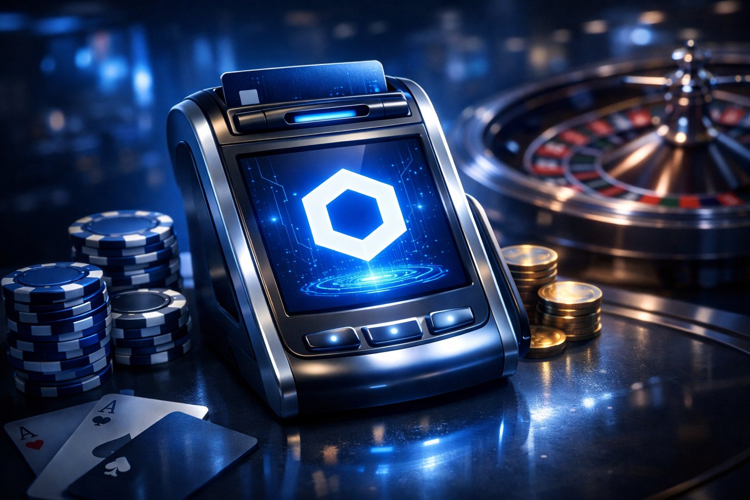 A Digital Wallet Displaying A Chainlink Symbol In Front Of Casino Elements Like Poker Chips And A Roulette Wheel.
