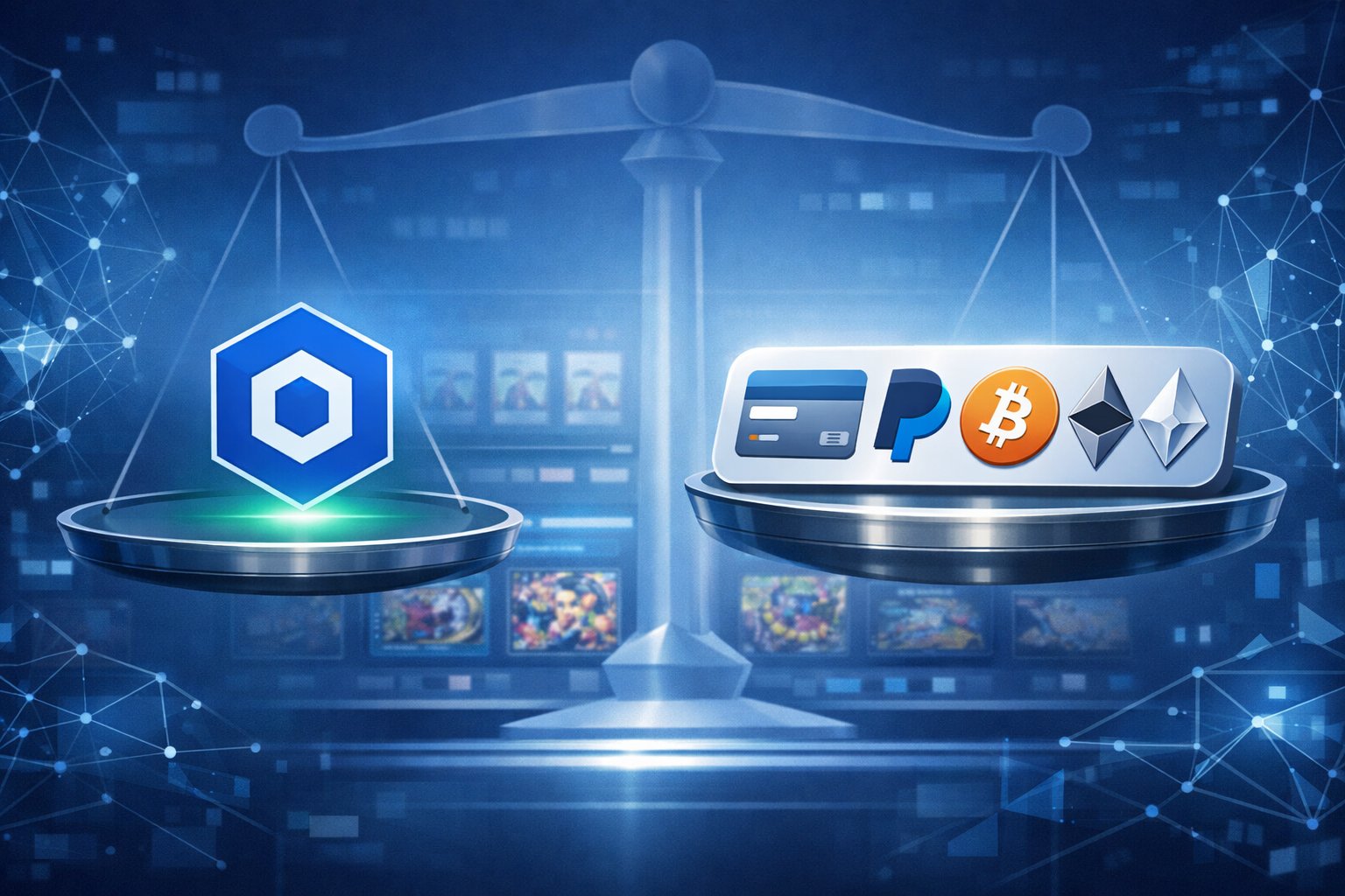 A Digital Casino Interface Displaying Various Payment Method Icons, Including Chainlink And Other Common Payment Options, Arranged Side By Side With A Subtle Comparison Chart In The Background.