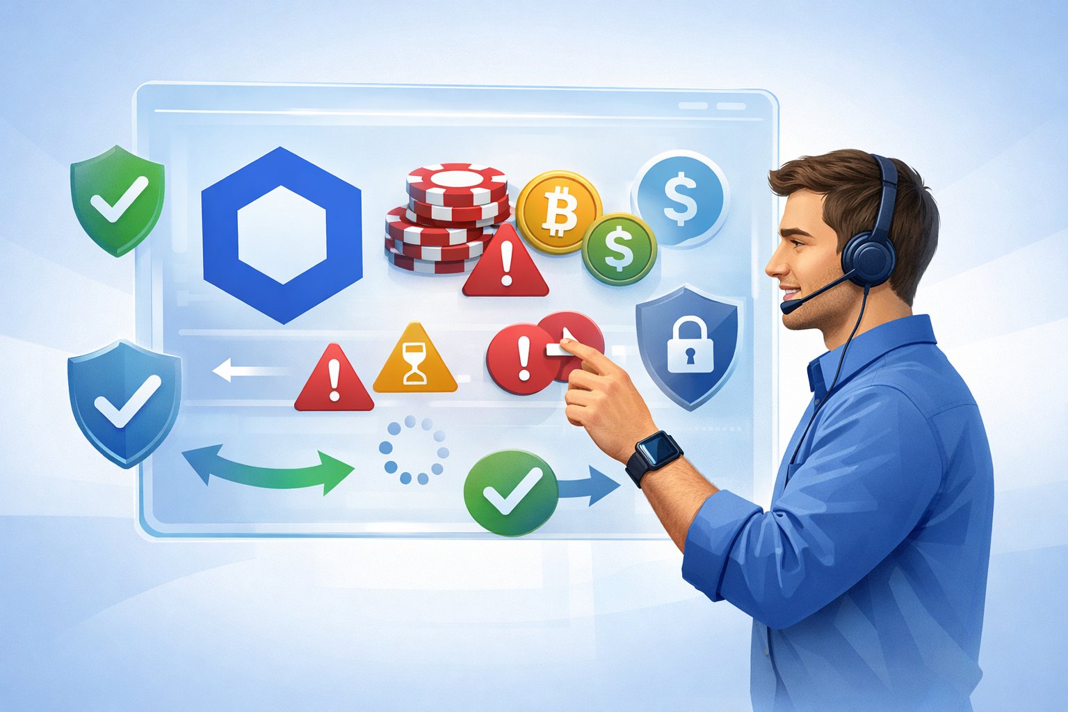 A Technician Interacting With A Digital Interface Showing Payment Icons And Security Symbols, Representing Resolving Issues With Chainlink Casino Payments.