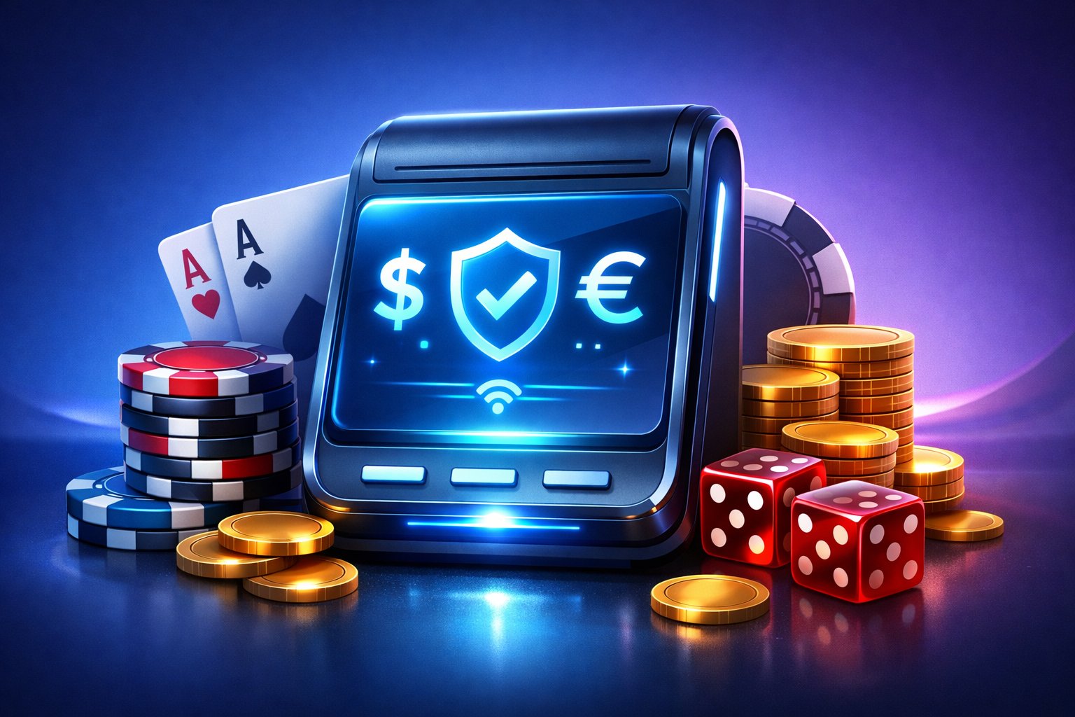 A Digital Wallet Surrounded By Poker Chips, Playing Cards, And Gold Coins Representing A Casino Payment Method.