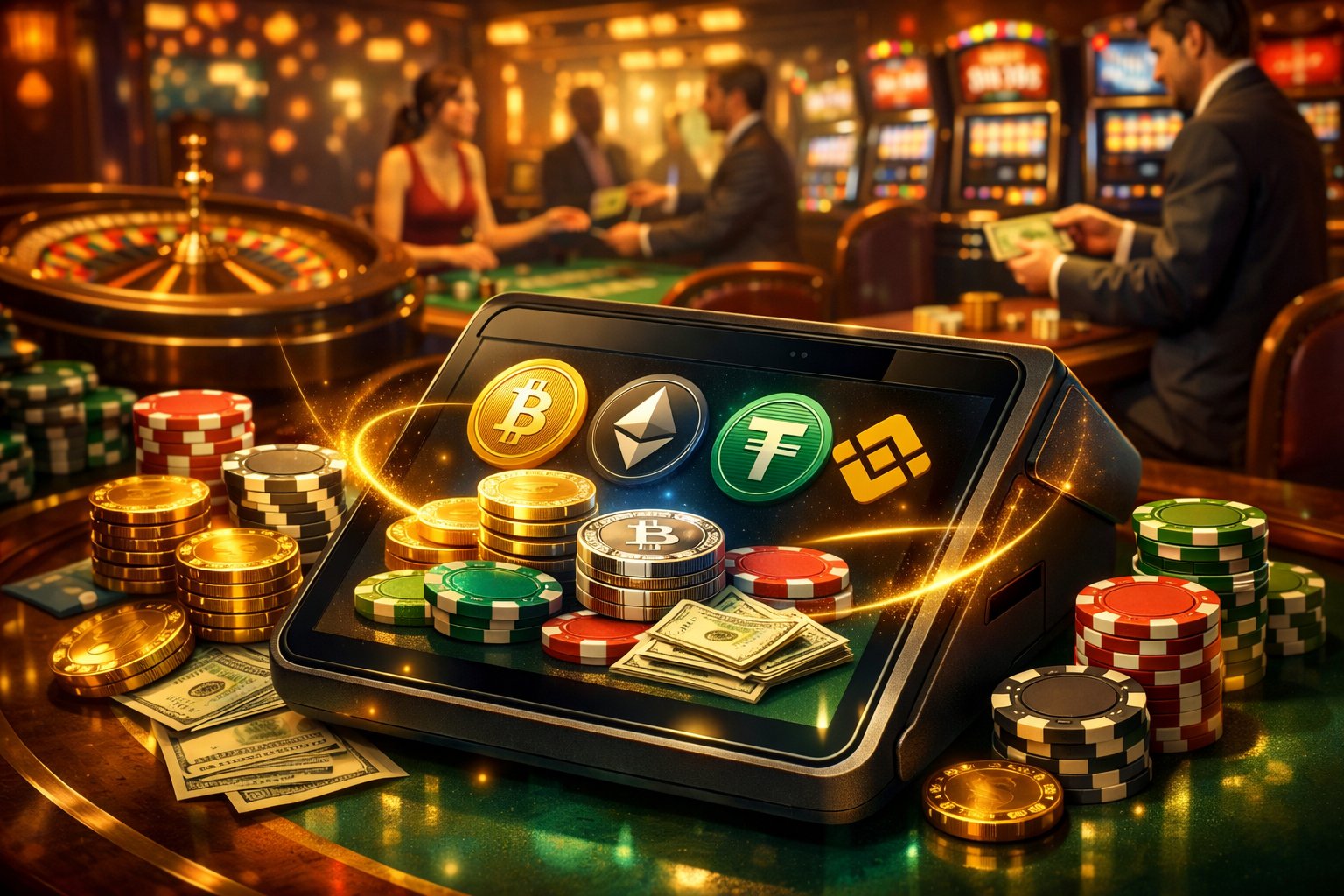 A Casino Scene With Slot Machines And Tables, Featuring A Digital Payment Device Showing Cryptocurrency Symbols Alongside Casino Chips And Cash.