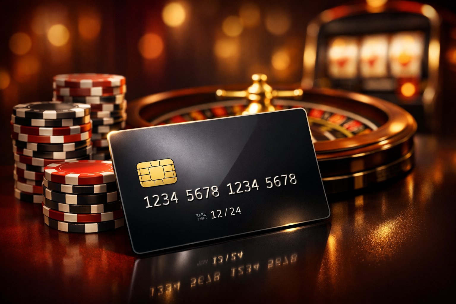 A Credit Card Positioned In Front Of Poker Chips, A Roulette Wheel, And A Slot Machine, Representing Casino Payment Methods.