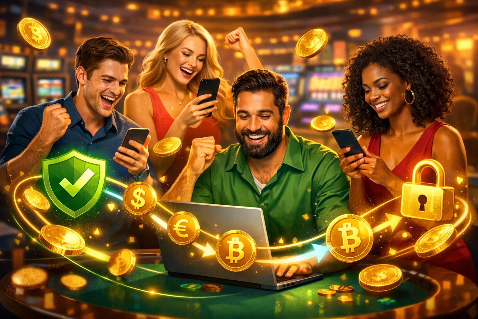 A Group Of Diverse Casino Players Happily Using Digital Devices With Glowing Digital Coins And Security Icons Around Them, Set Against A Blurred Casino Background.