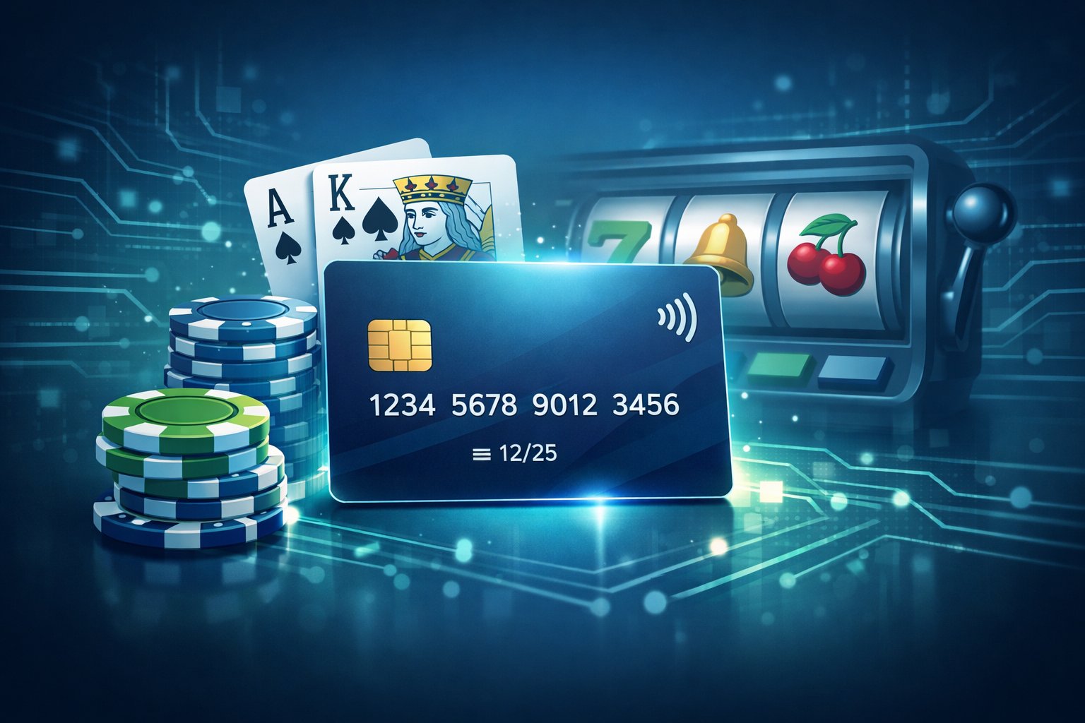 A Credit Card Surrounded By Poker Chips, Playing Cards, And A Slot Machine Interface Representing Online Casino Payments.