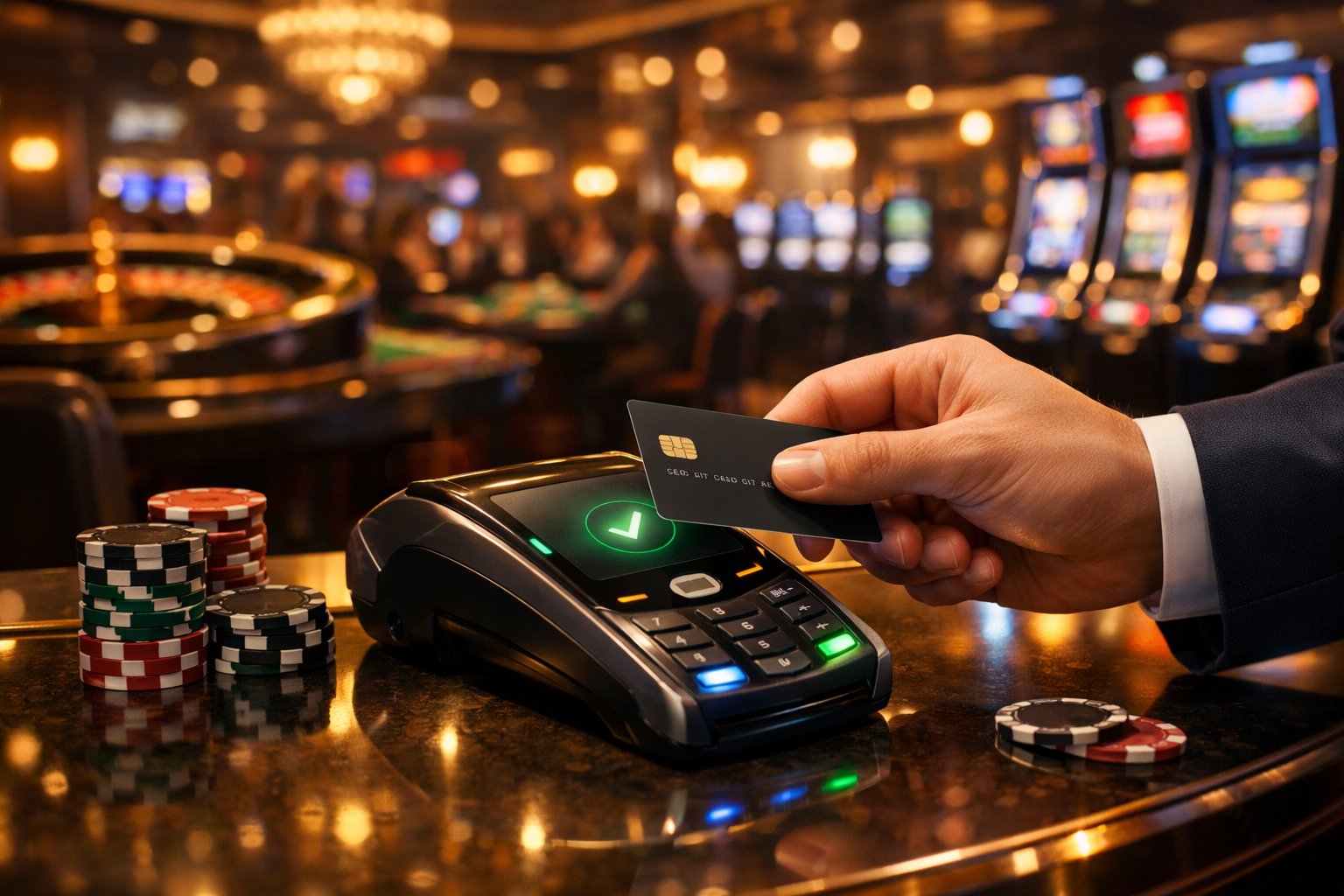 A Person Using A Credit Card To Make A Payment At A Casino Counter With Gaming Tables And Slot Machines In The Background.