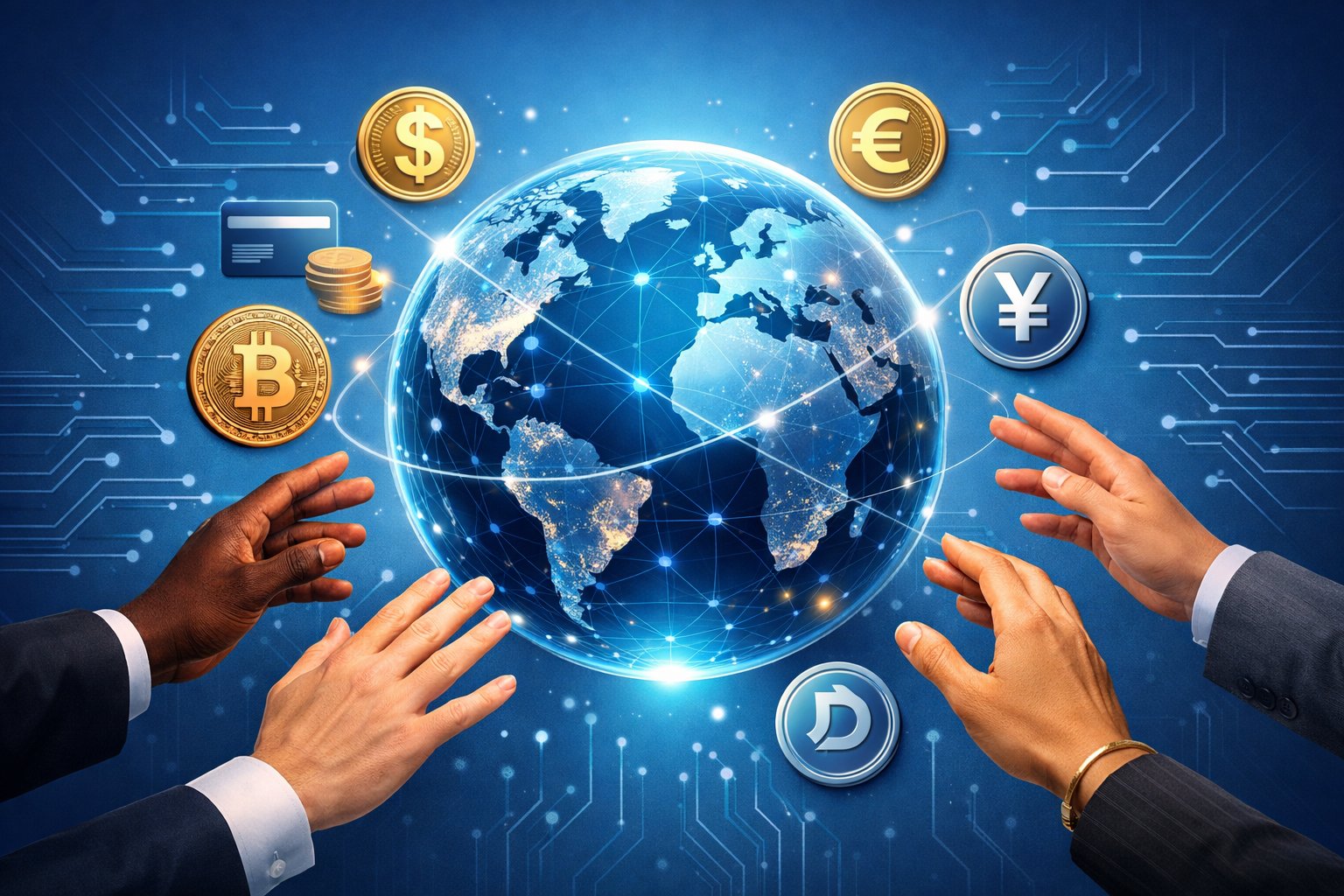 A Digital Globe With Interconnected Lines Surrounded By Diverse Hands Reaching Towards It, Symbolizing Global Payment Connectivity.