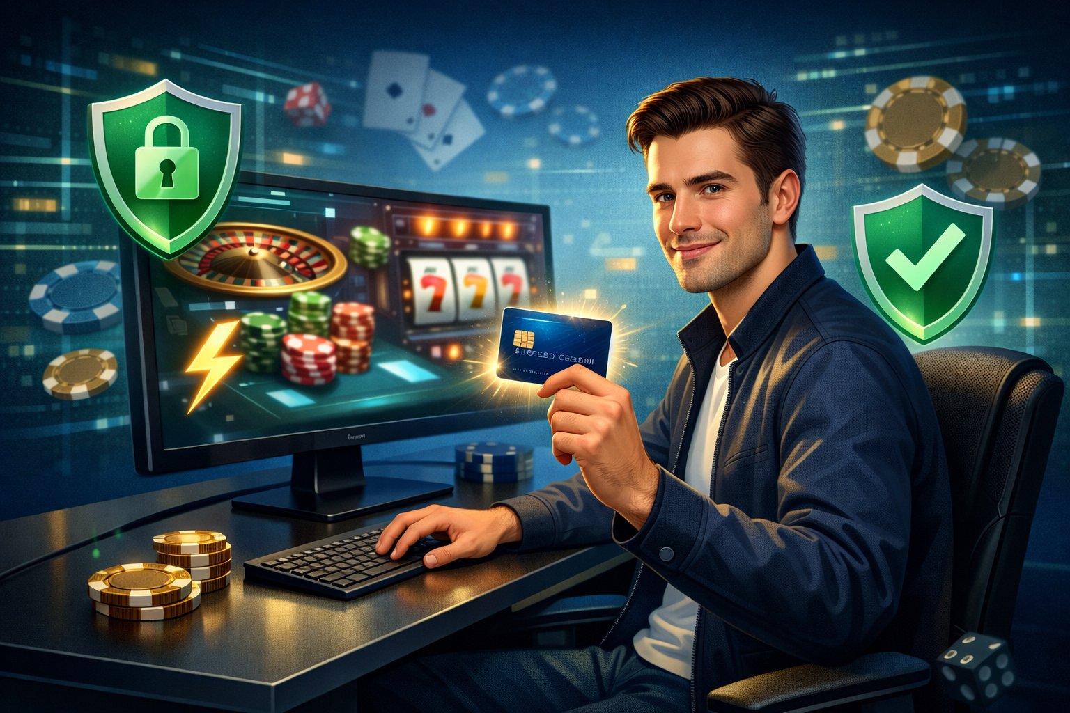 A Player Using A Credit Card To Make A Payment On An Online Casino Platform, Surrounded By Icons Representing Security, Speed, And Convenience.